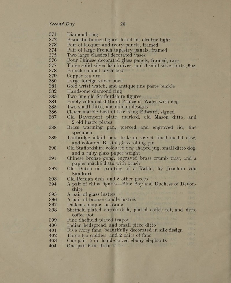 372 373 374 375 376 377 378 379 380 381 382 383 384 385 386 387 388 389 390 391 392 393 394 395 396 397 398 399 400 401 402 403 404 Beautiful bronze figure, fitted for electric light Pair of lacquer and ivory panels, framed Pair of large French tapestry panels, framed Two large classical decorated vases Four Chinese decorated glass panels, framed, rare Three solid silver fish knives, and 3 solid silver forks, 9oz. French enamel silver box ; Copper tea urn Large foreign silver bowl Gold wrist watch, and antique fine paste buckle Handsome diamond ring» Two fine old Staffordshire figures Finely coloured ditto of Prince of Wales ith dog Two small ditto, uncommon designs Clever marble bust of late King Edward, signed Old Davenport plate, marked, old Mason ditto, and 2 old lustre plates Brass warming pan, pierced and engraved lid, fine specimen Tunbridge inlaid box, lock-up sets et lined medal case, and coloured Bristol giass rolling pin Old Staffordshire coloured dog-shaped jug, small ditto dog, and a ruby glass paper weight Chinese bronze gong, engraved brass crumb tray, and a papier maché ditto with brush Old Dutch oil painting of a Rabbi, by Joachim von Sandrart Old Persian dish, and 5 other pieces A pair of china figures—Blue Boy and Pudticks of Devon- shire A pair of glass lustres A pair of bronze candle lustres Dickens plaque, in frame Sheffield-plated entrée dish, plated coffee set, and ditto coffee pot Fine Sheffield-plated teapot Indian bedspread, and small piece ditto Five ivory fans, beautifully decorated in silk design Three tea-caddies, and 2 pairs of fans One pair 5-in. hand-carved ebony elephants One pair 6-in. ditto * 