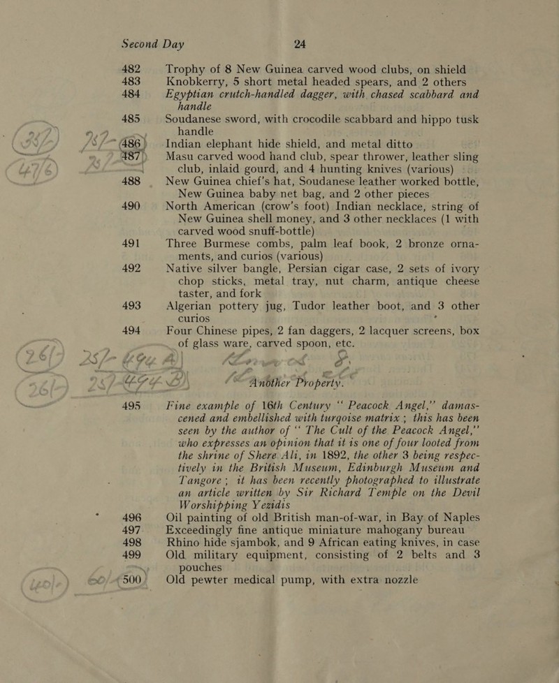 , Ss “A 482 483 484 496 497 498 499 Trophy of 8 New Guinea carved wood clubs, on shield Knobkerry, 5 short metal headed spears, and 2 others Egyptian crutch-handled dagger, with, chased scabbard and handle Soudanese sword, with crocodile scabbard and hippo tusk handle . Indian elephant hide shield, and metal ditto Masu carved wood hand club, spear thrower, leather sling club, inlaid gourd, and 4 hunting knives (various) —. New Guinea chief's hat, Soudanese leather worked bottle, New Guinea baby net bag, and 2 other pieces North American (crow’s foot) Indian necklace, string of New Guinea shell money, and 3 other necklaces (1 with carved wood snuff-bottle) Three Burmese combs, palm leaf book, 2 bronze orna- ments, and curios (various) Native silver bangle, Persian cigar case, 2 sets of ivory chop sticks, metal tray, nut charm, antique cheese taster, and fork Algerian pottery jug, Tudor leather boot, and 3 other curios : Four Chinese pipes, 2 fan daggers, 2 lacquer screens, box of glass ware, carved spoon, etc. P: “ , fw ?. i “we! a eo 4 Fine example of 16th Century “‘ Peacock Angel,’ damas- cened and embellished with turgotse matrix; this has been seen by the author of ‘“‘ The Cult of the Peacock Angel,” who expresses an opinion that it 1s one of four looted from the shrine of Shere Ali, in 1892, the other 3 being respec- tively in the British Museum, Edinburgh Museum and Tangore; it has been recently photographed to illustrate an article written by Sir Richard Temple on the Devil Worshipping Y eztdis Oil painting of old British man-of-war, in Bay of Naples Exceedingly fine antique miniature mahogany bureau Rhino hide sjambok, and 9 African eating knives, in case Old. military equipment, consisting of 2 belts and 3 pouches Old pewter medical pump, with extra nozzle