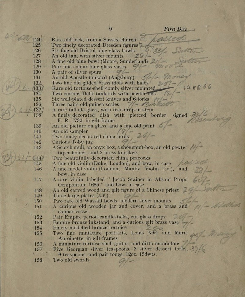  125 126 127 128 129 130 132. 134 135 T38 139 140 141 143 (447 145 146 147 148 149 150 151 152 153. 154 155. 158 a &gt; Rare old lock, from a Sussex church frADeBeEE Six fine old Bristol blue glass bowls ee ELIA f, An old fan, with silver mounts 2S j= A fine old blue bowl (Moore, Sunderland) 2 Pair fine colour blue glass vases. &amp;/ A pair of silver spurs 74 Rare old tortoise-shell comb, silver mounte Two curious Delft tankards with pewtertf@s.—, Six well-plated dessert knives and 6 forks” io a Three pairs old guinea scales /f— O42 A rare tall ale glass, with tear- -drép i in tenn  F. R. 1732, in gilt frame An old sampler pa Two finely decorated china birds , &amp;@ Curious Toby jug oF . taper holder, and 2 brass knockers Two beautifully decorated china peacocks A fine model violin (London, Manby Violin Co.), and bow, in case . A rare violin, labelled “Jacob Stainer in Absam Propo Oenipontum 1685,” and bow, in case a An old carved wood and gilt figure of a Chinese priest / Two rare old Wassail bowls, adete silver mounts A curious old wooden jar and cover, and a brass and copper vessel Pair Empire period candlesticks, cut-glass drops Two fine miniature portraits, Louis xr land eae Antoinette, in gilt frames A miniature tortoise-shell guitar, and ditto mandoline 6 teaspoons, and pair tongs, bre ISdwts. Two old swords | yf it Ws |