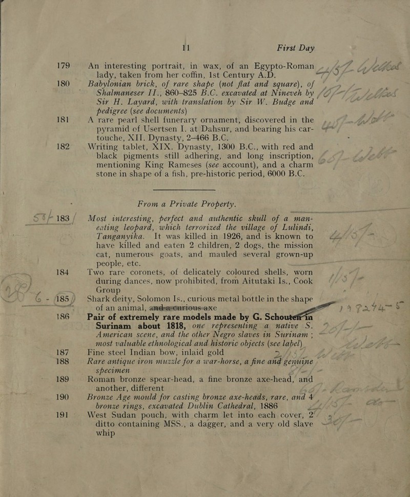    : 179 180 182 184 185 / 186 187 188 189 190 11 First Day An interesting portrait, in wax, of an Egypto-Roman lady, taken from her coffin, Ist Century A.D. Babylonian brick, of rare shape (not flat and square), of Shalmaneser I I. 860-825 B.C. excavated at Nineveh by | Sir H. Layard, ‘with translation by Sir W. Budge and — pedigree (see documents) A rare pearl shell funerary ornament, discovered in the touche, XIT. Dynasty, 2-466 B.C. Writing tablet, XIX. Dynasty, 1300 B.C., with red and black pigments still adhering, and long inscription, stone in shape of a fish, pre-historic period, 6000 B.C. From a Private Property. eating leopard, which terrorized the village of Lulindt, Tanganyika. It was killed in 1926, and is known to have killed and eaten 2 children, 2 dogs, the mission cat, numerous goats, and mauled several grown-up people, etc. Two rare coronets, of delicately coloured shells, worn during dances, now prohibited, from Aitutaki Is., Cook Grou Shark deity, Solomon Is., curious metal bottle in the shape of an animal, andeewCurious-axe Surinam about 1818, ove representing a native S. American scene, and the other Negro slaves in Surinam ; most valuable ethnological and historic objects (see pepe!) Fine steel Indian bow, inlaid gold &gt; specimen another, different bronze rings, excavated Dublin Cathedral, 1886 West Sudan pouch, with charm let into each cover, 2 ditto containing MSS., a dagger, and a very old slave whip