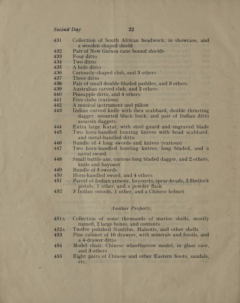 432 433 434 435 436 437 438 439 440 44] 442 443 4 445 446 447 448 a wooden shaped shield , Pair of New Guinea cane bound statew Four ditto Two ditto A hide ditto Curiously-shaped club, and 3 others: Three ditto Pair of small double-bladed paddles, and 3 others Australian carved club, and 2 others . Pineapple ditto, and 4 others Five clubs (various) A musical instrument and pillow Indian curved knife with ibex scabbard, double thrusting dagger, mounted black buck, and pair of Indian ditto assassin daggers Extra large Katar, with steel guard and engraved blade Two horn-handled hunting knives with’ bead scabbard, and metal-handled ditto Bundle of 4 long swords and knives (various) Two -horn-handled hunting knives, long bladed, and a naval sword Small battle-axe, curious long bladed dagger, and 2 others, knife and bayonet Bundle of 5 swords Horn-handled sword, and 4 others Parcel of Indian armour, bayonets, spear-heads, 2 flintlock ~ pistols, 1 other, and a powder flask 3 Indian swords, 1 other, and a Chinese helmet Another Property. Collection of some thousands of marine shells, mostly named, 2 large boxes, and contents Twelve polished Nautilus, Haleotis, and other shells Pine cabinet of 10 drawers, with minerals and fossils, and a 4-drawer ditto Model chair, Chinese wheelbarrow model, in glass case, and 3 others Eight pairs of Chinese and other Eastern boots, sandals, Etc ‘
