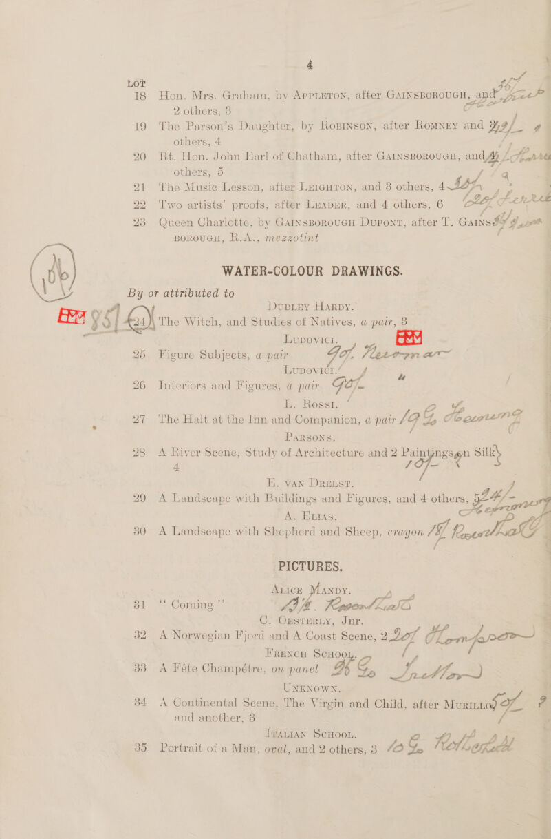 4 . P ’ Lor Vy 18 Hon. Mrs. Graham, by AppLeton, after GAINSBOROUGH, and, fra’ 2 others, 3 Sia ) 19 The Parson’s Daughter, by Ropryson, after Romnny and Adj e others, 4 e 20 Rt. Hon. John Earl of Chatham, after GAINSBOROUGH, ond fp LZ Fgh hel s/f others, 5 Qa 291 The Music Lesson, after LEIGHTON, and 3 others, 4 450, : lL,, pal 22 Two artists’ proofs, after LrapER, and 4 others, 6 Ax. ; f 23 Queen Charlotte, by GainsBoroucH Dupont, after T. embeded BOROUGH, R.A., mezzotint e) WATER-COLOUR DRAWINGS. ES By or attributed to | | Pe | DupiEy Harpy. ERE y of fa \ The Witch, and Studies of Natives, a pair, 3 = Luvpovict. 25 Figure Subjects, a pair Ye lever aw Lupovic1.’ A me 26 Interiors and Figures, a pair Go | i, “Rossi, © 2% 2 27 ‘The Halt at the Inn and Companion, a pair 19 Lo Ceeace 2e7 | 7 ff 5 PARSONS. : 28 A River Scene, Study of Architecture and 2 Pain passen = 4 1 Ff EK, Van DRELST. 29 &lt;A Landscape with Buildings and Figures, and 4 others, Loon A. ELIAS. J7 30 A Landscape with Shepherd and Sheep, crayon A Nese &amp;, PICTURES. nie ANDY. al “* Coming *° Lorindliatb : C. te Jnr. ' 32 A Norwegian Fjord and A Coast Scene, 2 DoF eae FRENCH SCHOOL. y 7 383 A Féte Champétre, on panel Ds g. a A pe ae a UNKNOWN. 384 A Continental Scene, The Virgin and Child, after Muntttop &lt;¢ we # 7 and another, 3 Iranian Scoot,