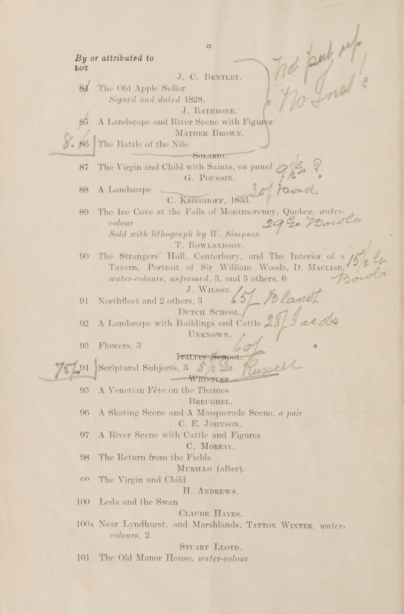  By or attributed to —~ w J LOT x la, ii f A | J. ©. BENTimY. ve iy P 84 The Old Apple Seller } VU | ae Dy vz Signed and dated 1828. by fF bo : J. RATHBONE. i : 85 <A Landscape and River Scene with F% igures ae MatuEer Brown. P 8&amp;6 | The Battle of the Nile J iene ee el . x 87 The Virgin and Child with Saints, on panel G gE, Vv PoussIN. \e ° 88 <A Landscape ~_ A boerel. C. RiiGuorr, Lone 89 The Ice Cove at the Falls of Montmoreney, Quebee, water- colour 2a Ge Poa CLS Sold with lithograph by W. Simpson / T. Rownanpson. Pos 90° 'The Strangers’ Hall, Canterbury, and The Interior of a ef Y, @ Tavern, Portrait of Sir William Woods, D. Mactisn,47/* 7” water-colours, unframed, 3, and 38 others, 6 ie at J. Winsons Yt Se > 91 Northfleet and 2 others, 3 49 fx G 9 law OL DutcH Scroor../ 1 fh ¢ | ia f i A, 92 A Landseape with Buildings and Cattle 2) {Jj a0 UNKNOWN. ff , 93 Flowers, 3 bo i e j Prarie eer 7, TS719 4 ) Seripturat Subjects, 3 mi a St i, oe ae PTT 95 A Venetian Féte on the Thames BREUGHEL. 96 A Skating Scene and A Masquerade Scene, a pair C. HE. JOHNSON. 97 A River Scene with Cattle and Figures C. Moreay. 98 The Return from the Fields Mourii1o (after). 90 The Virgin and Child H. ANDREWS. 100 Leda and the Swan CraupE Hayss. 1004 Near Lyndhurst, and Marshlands, Tarron Winter, water- colours, 2  Stuart LuLoyp. 101 The Old Manor House, water-colour