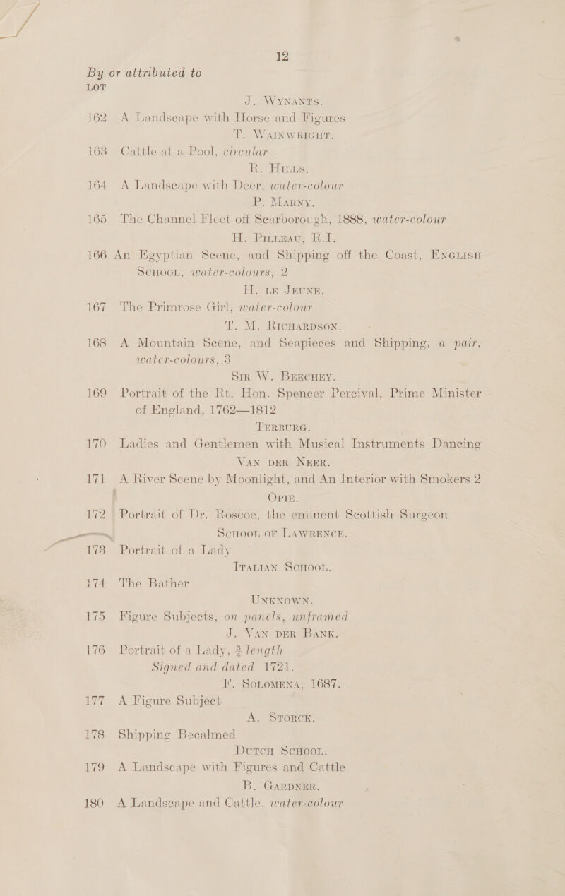 By or attributed to LOT J. WYNANTS. 162 A Landscape with Horse and Figures T. WAINWRIGHT. Cattle at.a-Pool,. circular Rs: 164 A Landscape with Deer, water-colour P. Marwny. 165 The Channel Fleet off Scarborough, 1888, water-colour En Praia, Bel. 166 An Egyptian Scene, and Shipping off the Coast, Eneiisu ScHOOL, water-colours, 2 O> ie) H. LE JEUNE. 167 The Primrose Girl, water-colour T. M. Ricuarpson. 168 A Mountain Scene, and Seapieces and Shipping, a pair, water-colours, 8 Sir W. BrEcHey. 169 Portrait of the Rt. Hon. Spencer Percival, Prime Minister of England, 1762—1812 TERBURG. 170 Ladies and Gentlemen with Musical Instruments Dancing VAN DER NEER. 171 A River Scene by Moonlight, and An Interior with Smokers 2 | OPIE. 172 | Portrait of Dr. Roscoe, the eminent Scottish Surgeon 1738 Portrait of a Lady ITALIAN SCHOOL. if4 The Bather UNKNOWN. 175 Figure Subjects, on panels, unframed J. VAN DER BANK. 176 Portrait of a Lady, 3 length Signed and dated 1721. F. SoLomena, 1687. 177 A Figure Subject A. SToROK. 178 Shipping Becalmed DutcHu ScHoou. 179 A Landseape with Figures and Cattle B. GARDNER. i180 A Landseape and Cattle, water-colour