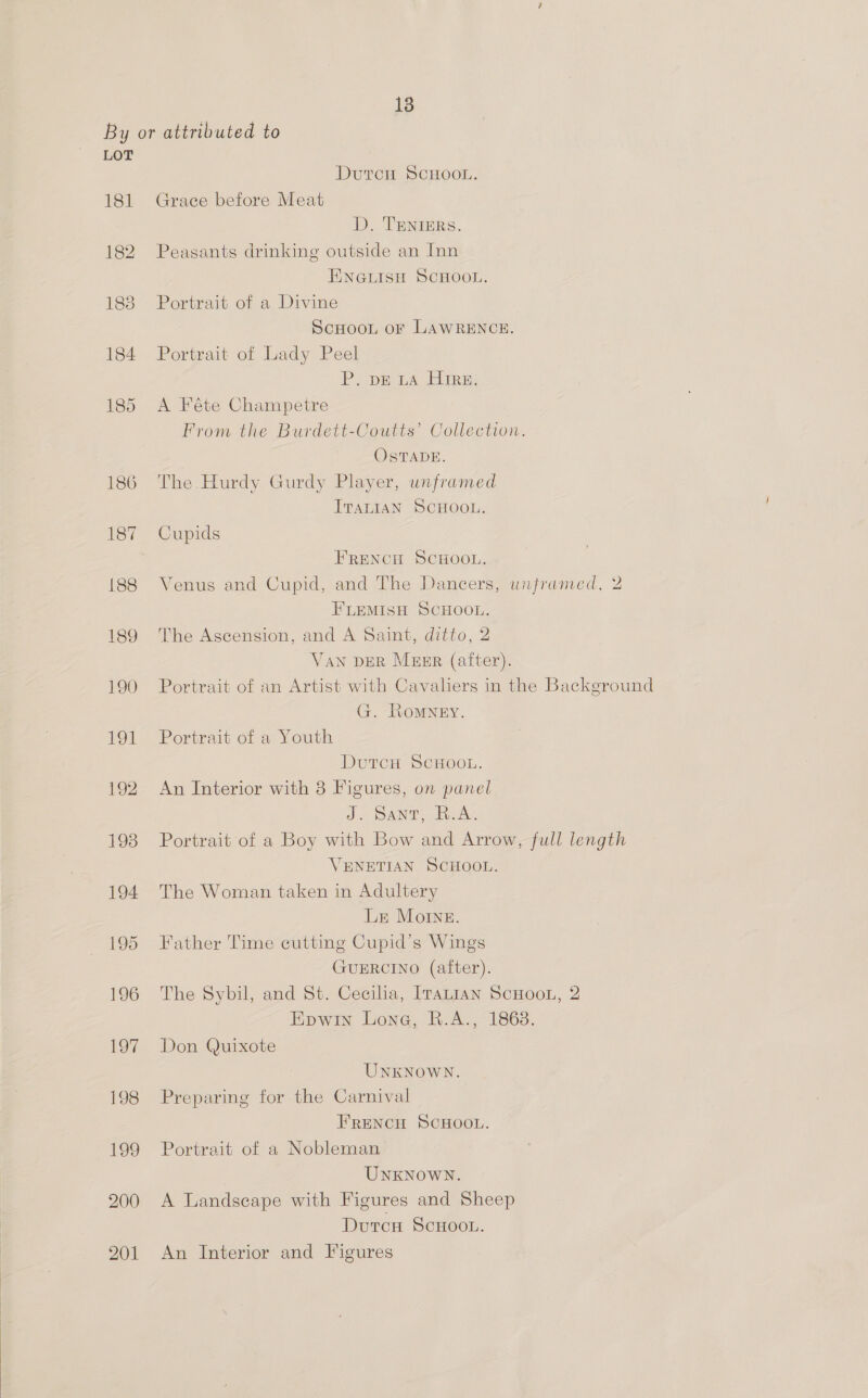  15 181 200 201 Grace before Meat Peasants drinking outside an Inn Portrait of a Divine ScHOOL oF LAWRENCE. Portrait of Lady Peel RP. peaéc Eire me A Féte Champetre OSTADE. The. Hurdy Gurdy Player, unframed Cupids Venus and Cupid, and The Dancers, unframed, 2 The Ascension, and A Saint, ditto, 2 VAN DER MzER (after). Portrait of an Artist with Cavaliers in the Background G. Romney. Do) AINE sy bus te Portrait of a Boy with Bow and Arrow, full length VENETIAN SCHOOL. The Woman taken in Adultery Lz MoIne. Father Time cutting Cupid’s Wings GUERCINO (after). The Sybil, and St. Cecilia, Iranian ScHooL, 2 Epwin Lone, R.A., 1868. Don Quixote UNKNOWN. Preparing for the Carnival FRENCH SCHOOL. UNKNOWN. A Landscape with Figures and Sheep Durcu ScHoot. An Interior and Figures