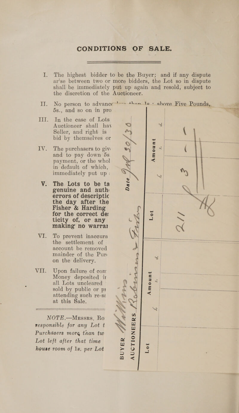 CONDITIONS OF SALE. I. The highest bidder to be the Buyer; and if any dispute arse between two or more bidders, the Lot so in dispute shall be immediately put up again and resold, subject to the discretion of the Auctioneer. II. No person to advance*--~ +he» 10: ahove Five Pounds, 5s., and so on in pro III. In the ease of Lots Auctioneer shall hay Seller, and right is  ae bid by themselves or in &amp; wy IV. The purchasers to givi and to pay down 5s. payment, or the whol   Amount   V. The Lots to be ta genuine and auth   errors of deseriptic the day after the Fisher &amp; Harding for the correct de: Nt ticity of, or any eS making’ no warra! in default of which, . immediately put up | my a S Q f Lot  VI. To prevent inaccura    the settlement of account be removed mainder of the Pur on the delivery.   VII. Upon failure of com Money deposited ir all Lots uncleared ~ S.  Amount sold by public or pr attending such re-s¢ at this Sale.    &amp; NOTEH.—Messrs. Ro   responsible for any Lot t Purchasers more taan tw Lot left after that time house room of 1s. per Lot Lot  AUCTIONEERS. /¢c, :  