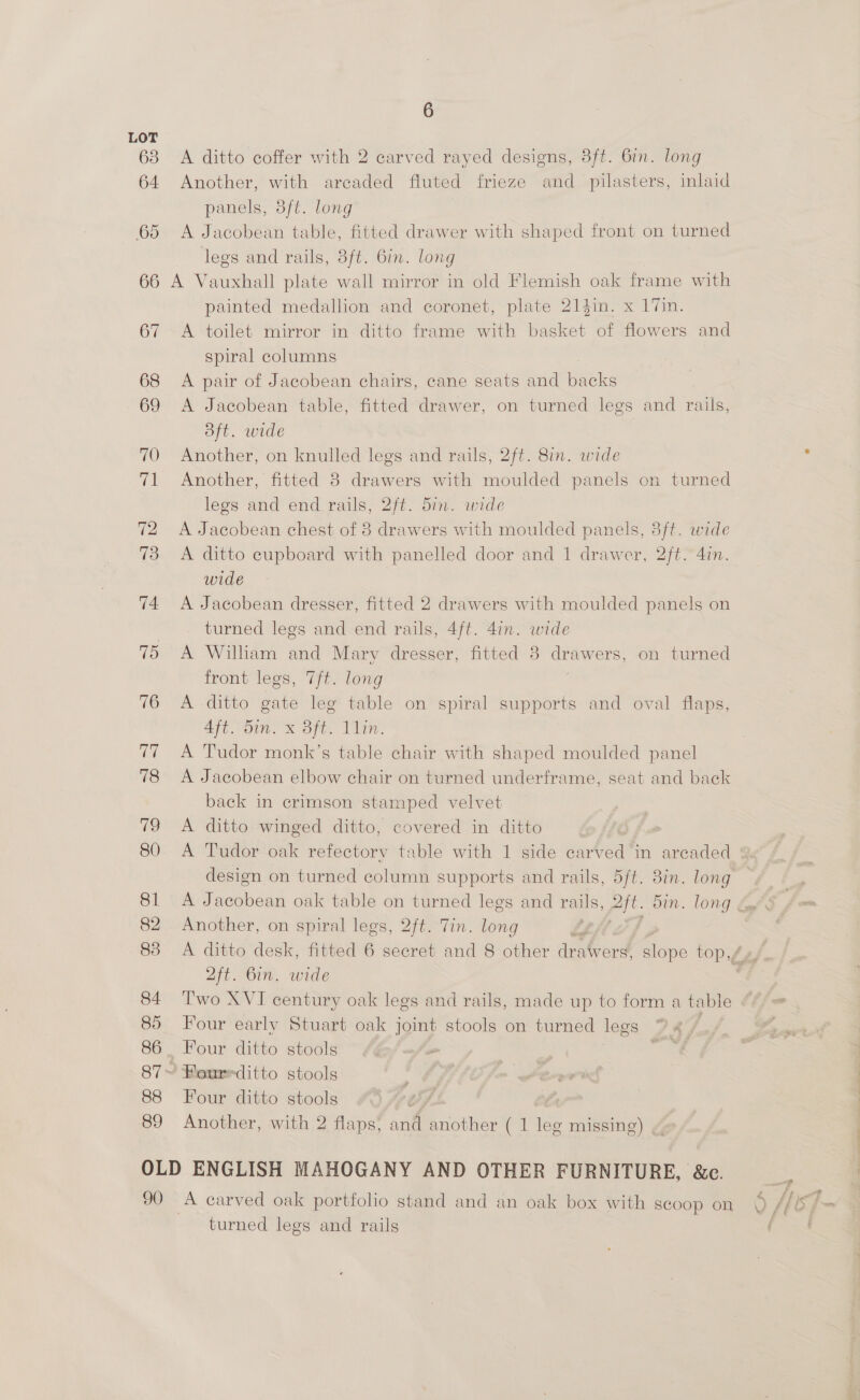 A ditto coffer with 2 carved rayed designs, 3ft. 6in. long Another, with arcaded fluted frieze and pilasters, inlaid panels, 3ft. long . A Jacobean table, fitted drawer with shaped front on turned legs and rails, 3ft. 6in. long A Vauxhall plate wall mirror in old Flemish oak frame with painted medallion and coronet, plate 214in. x 17in. A toilet mirror in ditto frame with basket of flowers and spiral columns A pair of Jacobean chairs, cane seats and backs A Jacobean table, fitted drawer, on turned legs and rails, oft. wide Another, on knulled legs and rails, 2ft. 8in. wide Another, fitted 8 drawers with moulded panels on turned legs and end_ rails, 2ft. 5in. wide A Jacobean chest of 8 drawers with moulded panels, 3ft. wide A ditto cupboard with panelled door and 1 drawer, 2ft. 4in. wide A Jacobean dresser, fitted 2 drawers with moulded panels on turned legs and end rails, 4ft. 4in. wide A Wilham and Mary dresser, fitted 8 drawers, on turned front legs, 7ft. long A ditto gate leg table on spiral supports and oval flaps, aft. “ain x Spt. Vin: A Tudor monk’s table chair with shaped moulded panel A Jacobean elbow chair on turned underframe, seat and back back in crimson stamped velvet A ditto winged ditto, covered in ditto design on turned column supports and rails, 5ft. 8in. long Another, on spiral legs, 2ft. Tin. long 2ft. Bin. wide Two XVI century oak legs and rails, made up to form a table Four early Stuart oak joint stools on turned legs PR Four ditto stools Another, with 2 flaps, and another ( 1 leg missing) turned legs and rails