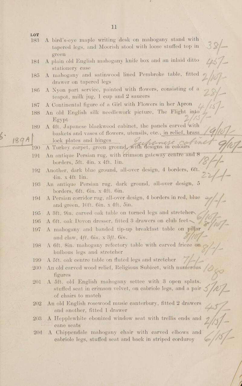 1838 184 185 204 11 A bird’s-eye maple writing desk on mahogany stand with _ tapered legs, and Moorish stool with loose stuffed top in | < fase ereen | A plain old Mnglish mahogany knife box and an inlaid ditto /y« stationery case K A mahogany and satinwood lined Pembroke table, fitted » drawer on tapered legs A Nyon part service, painted with flowers, consisting of a teapot, milk jug, 1 cup and 2 saucers A Continental figure of a Girl with Flowers in her Apron An old English silk needlework picture, The Flght into Rgypt of A 4ft. Japanese blackwood cabinet, the panels payed ah baskets and vases of flowers, utensils, ete., in relief, brass” lock plates and hinges &amp; 4 ° A Turkey carpet, green ground, ratty cece in colours. An antique Persian rug, with crimson gateway centre and 8 borders, 5f%. 4in. x 4ft. lin. ) Another, dark blue ground, all-over design, 4 borders, 6ft. _ i Ae / An antique Persian rug, dark ground, all-over design, 5 ie borders, 6ft. 6in. x 4ft. 6in. A Persian corridor rug, all-over design, 4 borders in red, blue w./ and-green, 10ft. 6in. x 4ft. 5in. VA A 8ft. 9in. carved oak table on turned legs and stretchers  A 6ft. oak Devon dresser, fitted 8 drawers on club feet, SOY oe A mahogany and banded tip-up breakfast table on Bed oh and elaw, 4ft. 6in. x dft. bin. . D4 bf - A 6ft. 8in. mahogany refectory table with carved tien on ef bulbous legs and stretcher ‘  A 5ft. oak centre table on fluted legs and stretcher , An old carved wood relief, Religious Subject, with numeréus 7” figures ea A 5ft. old Enelish mahogany settee with 38 open splats, A stuffed seat in crimson velvet, on cabriole legs, and a pair , ie Jf of chairs to match An old English rosewood music canterbury, fitted 2 drawers and another, fitted 1 drawer A Hepplewhite ebonized window seat with trellis ends and cane seats A Chippendale mahogany chair with carved elbows and wo eabriole legs, stuffed seat and back in striped corduroy ee fii jf  a