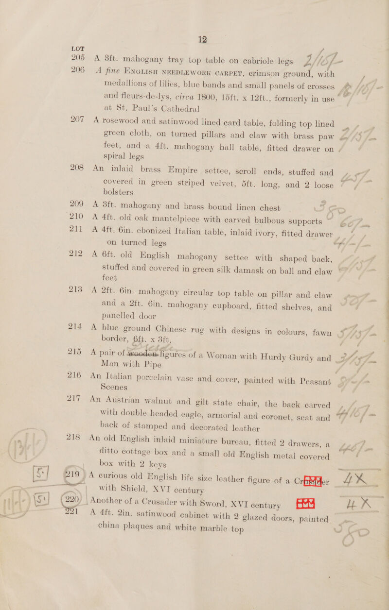 205 206 207 208 209 210 211 212 2138 218 219 (220 geo 12 A fine ENGLISH NEEDLEWORK CARPET, crimson ground, with medallions of lilies, blue bands and small panels of crosses at St. Paul’s Cathedral A rosewood and satinwood lined card table, folding top lined spiral legs An inlaid brass Empire settee, scroll ends, stuffed and covered in green striped velvet, dft. long, and 2 loose bolsters A 3ft. mahogany and brass bound linen chest | A 4ft. old oak mantelpiece with carved bulbous supports ~ A 4ft. 6in. ebonized Italian table, inlaid ivory, fitted drawer on turned legs A 6ft. old English mahogany settee with shaped back, feet A 2ft. 6in. mahogany circular top table on pillar and claw and a 2ft. 6in. mahogany cupboard, fitted shelves, and panelled door A blue ground Chinese rug with designs in colours, fawn border, 6ft. x 3ft. A pair of wooderfieures of a Woman with Hurdy Gurdy and Man with Pipe An Italian porcelain vase and cover, painted with Peasant Scenes An Austrian walnut and gilt state chair, the back carved with double headed eagle, armorial and coronet, seat and back of stamped and decorated leather An old English inlaid miniature bureau, fitted 2 drawers, a ditto cottage box and a small old English metal covered box with 2 keys with Shield, XVI century china plaques and white marble top eS