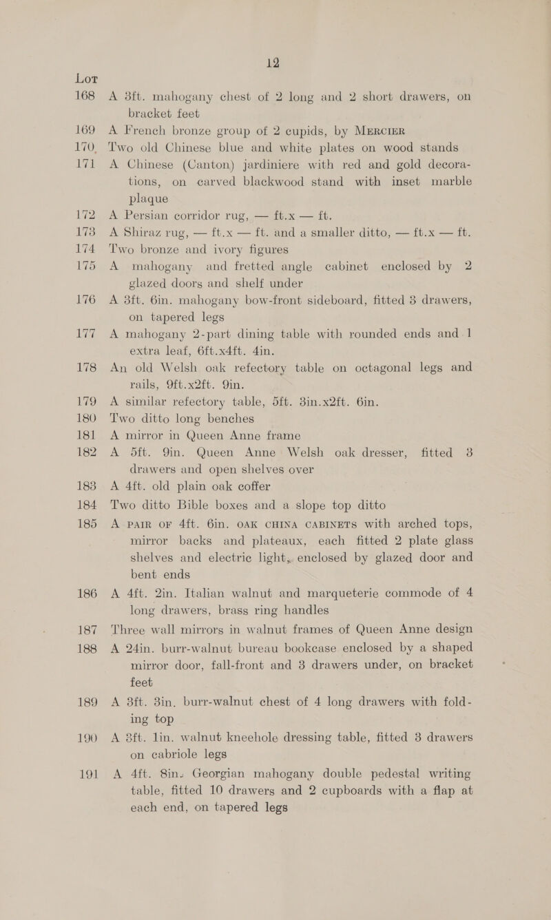 168 169 nO: Ia Lie 173 174 175 176 deri 178 179 180 181 182 1838 184 185 186 187 188 189 190 LOW 12 A 38ft. mahogany chest of 2 long and 2 short drawers, on bracket feet A French bronze group of 2 cupids, by MERCIER Two old Chinese blue and white plates on wood stands A Chinese (Canton) jardiniere with red and gold decora- tions, on carved blackwood stand with inset marble plaque A Persian corridor rug, — ft.x — it. A Shiraz rug, — ft.x — ft. and a smaller ditto, — ft.x — ft. Two bronze and ivory figures A mahogany and fretted angle cabinet enclosed by 2 glazed doors and shelf under A 3ft. 6in. mahogany bow-front sideboard, fitted 38 drawers, on tapered legs A mahogany 2-part dining table with rounded ends and. 1 extra leaf, 6ft.x4ft. 4in. An old Welsh oak refectory table on octagonal legs and rails, Oft.x2ft. Qin. A similar refectory table, 5ft. 3in.x2ft. 6in. Two ditto long benches A mirror in Queen Anne frame A Odft. 9in. Queen Anne Welsh oak dresser, fitted 3 drawers and open shelves over A 4ft. old plain oak coffer Two ditto Bible boxes and a slope top ditto A parr oF 4ft. 6in. OAK CHINA CABINETS with arched tops, mirror backs and plateaux, each fitted 2 plate glass shelves and electric light,. enclosed by glazed door and bent ends A 4ft. 2in. Italian walnut and marqueterie commode of 4 long drawers, brass ring handles Three wall mirrors in walnut frames of Queen Anne design A 24in. burr-walnut bureau bookease enclosed by a shaped mirror door, fall-front and 8 drawers under, on bracket feet A 8ft. 8in. burr-walnut chest of 4 long drawers with fold- ing top A 8ft. lin. walnut kneehole dressing table, fitted 8 drawers on cabriole legs A 4ft. 8in. Georgian mahogany double pedestal writing table, fitted 10 drawers and 2 cupboards with a flap at each end, on tapered legs