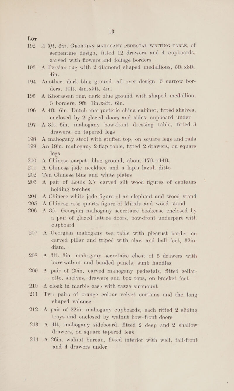 213 214 13 A 5ft. Gin. GHORGIAN MAHOGANY PEDESTAL WRITING TABLE, of serpentine design, fitted 12 drawers and 4 cupboards, carved with flowers and foliage borders A Persian rug with 2 diamond shaped medallions, dft.x8ft. 4in, Another, dark blue ground, all over design, 5 narrow bor- ders, 10ft. 4m: xoit. Ain. A Khorassan rug, dark blue ground with shaped medallion, 38 borders, 9ft. lin.x4ft. 6in. A 4ft. 6in. Dutch marqueterie china cabinet, fitted shelves, enclosed by 2 glazed doors and sides, cupboard under A 38ft. 6in. mahogany bow-front dressing table, fitted 38 drawers, on tapered legs A mahogany stool with stuffed top, on square legs and rails An 18in. mahogany 2-flap table, fitted 2 drawers, on square legs A Chinese carpet, blue ground, about 17ft.x14ft. A Chinese jade necklace and a lapis lazuli ditto Ten Chinese blue and white plates A pair of Louis XV carved gilt wood figures of centaurs holding torches A Chinese white jade figure of an elephant and wood stand A Chinese rose quartz figure of Mitafu and wood stand A 3ft. Georgian mahogany secretaire bookcase enclosed by a pair of glazed lattice doors, bow-front underpart with cupboard A Georgian mahogany tea table with piecrust border on carved pillar and tripod with claw and ball feet, 82in. diam. : A 3ft. 3in. mahogany secretaire chest of 6 drawers with burr-walnut and banded panels, sunk handles A pair of 20in. carved mahogany pedestals, fitted cellar- ette, shelves, drawers and box tops, on bracket feet A clock in marble case with tazza surmount Two pairs of orange colour velvet curtains and the long shaped valance . A pair of 22in. mahogany cupboards, each fitted 2 sliding trays and enclosed by walnut bow-front doors A 4ft. mahogany sideboard, fitted 2 deep and 2 shallow drawers, on square tapered legs A 26in. walnut bureau, fitted interior with well, fall-front and 4 drawers under