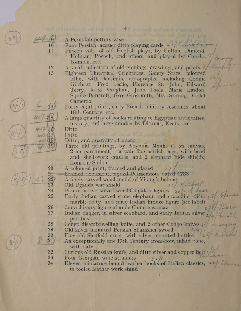 ran  A Peruvian pottery vase ! esto : Four Persian lacquer ditto playing cards &gt;? je Ate Tyo | Fifteen vols. of old English plays, by Oulton, Dimond, _/ Holman, Pocock, and others, and played by Charles / / a Kemble, etc. Je Ba E A small collection of old etchings, drawings, and prints D/* jew Eighteen Theatrical Celebrities, Gaiety Stars, coloured ' litho, with facsimile autographs, including Connie an) ] Gilchrist, Fred Leslie, Florence St. John, Edward /f,.-&lt;+_ Terry, Kate Vaughan, John Toole, Marie Lindon, ~ Squire Bancroft, Geo. Grossmith, Mrs. Stirling, Violet Cameron Forty-eight prints, early French military costumes, about 18th Century, etc. A large quantity of books relating to Egyptian antiquities, history, and large number by Dickens, Keats, etc. Ditto Ditto Ditto, and quantity of music Three old paintings, by Abynnia Monks (1 on canvas, 2 on parchment); a pair fine ostrich eggs, with bead and shell-work cradles, and 2 elephant hide shields, from the Sudan A coloured print, framed and glazed ‘7 fi nt : y, A finely carved wood model of Viking’s helmet See arg Old Uganda war shield 3o/-HsAtet - Pair of native carved wood Cingalese figures 26 / 6 olga . 5 : Early Indian carved stone elephant and crocodile, ditto 4 a . ‘ay marble deity, and early Indian bronze figure (see lalbel) fags: Carved ivory figure of nude Chinese woman — ey 4 /oerae, Indian dagger, in silver scabbard, and early Indian silver A | pan box i Congo disembowelling knife, and 2 other Congo knives 3°, lg reg a | Old silver-mounted Persian Shamsher sword 2/4 / fare df Fine old Sheffield cruet, with silver-mounted bottles ‘ 287 ft bd An exceptionally fine 17th Century cross-bow, inlaid bone, © with date Curious old Russian knife, and ditto mes and copper EY Y Jif. Four Georgian wine strainers 32 eats Eleven miniature bound leather books ba Italian ee &gt;) Pin: y in tooled leather-work stand . | &gt; | bl yf discal he