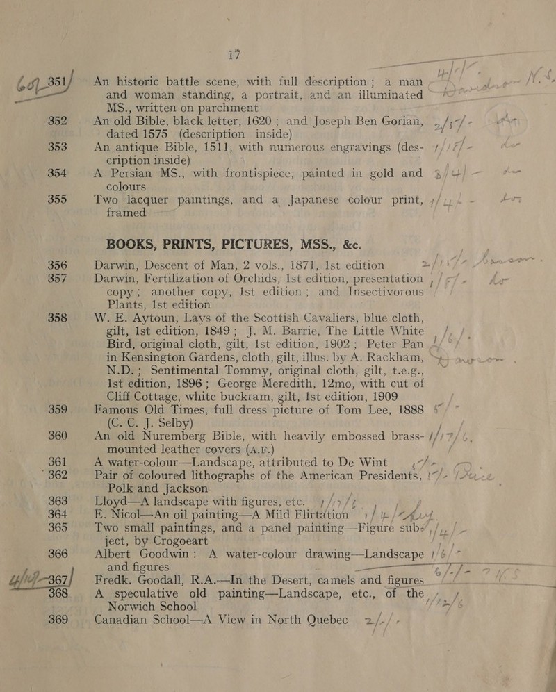 se if (A _351/ An historic battle scene, with full description; a man ~~ —_—— and woman standing, a portrait, and an illuminated ~~ MS., written on parchment 352 An old Bible, black letter, 1620 ; and Joseph Ben Gorian, oh yf - dated 1575 (description inside) vie 303 An antique Bible, 1511, with numerous engravings (des- / cription inside) | 354 A Persian MS., with frontispiece, painted in gold and 3/ + colours 355 Two lacquer paintings, and a Japanese colour print, framed. BOOKS, PRINTS, PICTURES, MSS., &amp;c. 356 Darwin, Descent of Man, 2 vols., 1871, Ist edition 357 Darwin, Fertilization of Orchids, Ist edition, presentation copy; another copy, Ist edition; and Insectivorous Plants, Ist edition 358 W. E. Aytoun, Lays of the Scottish Cavaliers, blue cloth, gilt, Ist edition, 1849; J. M. Barrie, The Little White | / Bird, original cloth, gilt, 1st edition, 1902; Peter Pan / in Kensington Gardens, cloth, gilt, illus. by A. Rackham, &gt;» N.D.; Sentimental Tommy, original cloth, gilt, t.e.g., ~ Ist edition, 1896; George Meredith, 12mo, with cut of Cliff Cottage, white buckram, gilt, Ist edition, 1909 359 Famous Old Times, full dress picture of Tom Lee, 1888 * (C. C. J. Selby) 360 An old Nuremberg Bible, with heavily embossed brass- i, mounted leathers covers (A.F.) 361 A water-colour—Landscape, attributed to De Wint = .“/ &gt; 362 Pair of coloured lithographs of the American Presidents, !~/ Polk and Jackson oe 363 Lloyd—A landscape with figures, etc. 7 //) 364 E? NicolAn ‘oil painting—A Mild Flitedoh / B. “AL Lf 365 Two small paintings, and a panel painting—Figure sub&lt; , ee, ject, by Crogoeart at, 366 Albert Goodwin: A water-colour drawing—Landscape | 6 ~~  and figures —_—— Jae y/id)—367| Fredk. Goodall, R.A.—In the Desert, camels and figures 368 A speculative old painting —Landscape, etc. OF the, /, Norwich School ‘a7 t 369 Canadian School—A View in North Quebec 2/. /