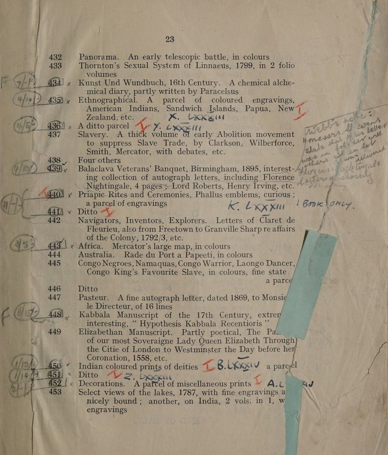 7 (432 Panorama. An early telescopic battle, in colours / 433 Thornton’s Sexual System of Linnaeus, 1799, in 2 fclio (7 at di volumes f= : Ts } GBA! y Kunst Und Wundbuch, 16th Century. A chemical alche- vo mical diary, partly written by Paracelsus | #/r9 |) 435) y Ethnographical. A parcel of coloured engravings, ,. vat American Indians, Sandwich Islands, Papua, New : SSP rte 8 Zealand, etc. MB. CKK «Ie a ye am ( ui) G36) x A ditto parcel Ay oe (ie =|. ao7 Slavery. «A. thr tae Shieacky Abolition movement /“— yor A) ha? | to suppress Slave Trade, by Clarkson, Wilberforce, hve wos As” Smith, Mercator, with debates, etc. iho iy Bee ak Four others wee o&gt; Ar, AL ap, Balaclava Veterans’ Banquet, Birmingham, 1895, interest-/ 08 ing collection of autograph letters, including Florence °) , 4)». Nightingale, 4 pages; Lord Roberts, Henry Irving, ete. ?”°7. f Priapic-Rites and Ceremonies, Phallus emblems, curious ; a parcel of engravings . Po l Baath one Ditto mae Fe as Ke wad i ( Navigators, Inventors, Explorers. Letters of Claret de Fleurieu, also from Freetown to Granville Sharp re affairs A of the Colony, 1792/3, etc. Mi v Africa. Mercator’s large map, in colours fore? Australia. Rade du Port a Papeeti, in colours i Congo Negroes, Namaquas, Congo Warrior, Laongo Dancer, / Congo King’s Favourite Slave, in colours, fine state | a ari Ditto Pasteur. A fine autograph letter, dated 1869, to Mons le Directeur, of 16 lines Kabbala Manuscript of the 17th Century, extrer! interesting, ““ Hypothesis Kabbala Recentioris ’’ / Elizabethan Manuscript. Partly poetical, The Pa. of our most Soveraigne Lady Queen Elizabeth Through} © the Citie of London to Westminster the Day before herf Coronation, 1558, etc. Indian coloured prints of deities “te 203 Lexx Via PAR I Ditto bok 4 : Decorations. ‘A paftel Of miscellaneous prints * A.C . oN  Select views of the lakes, 1787, with fine engravings af \ nicely bound; another, on India, 2 vols. in 1, wae engravings ‘ &lt;3) oN  prea rate *, t )