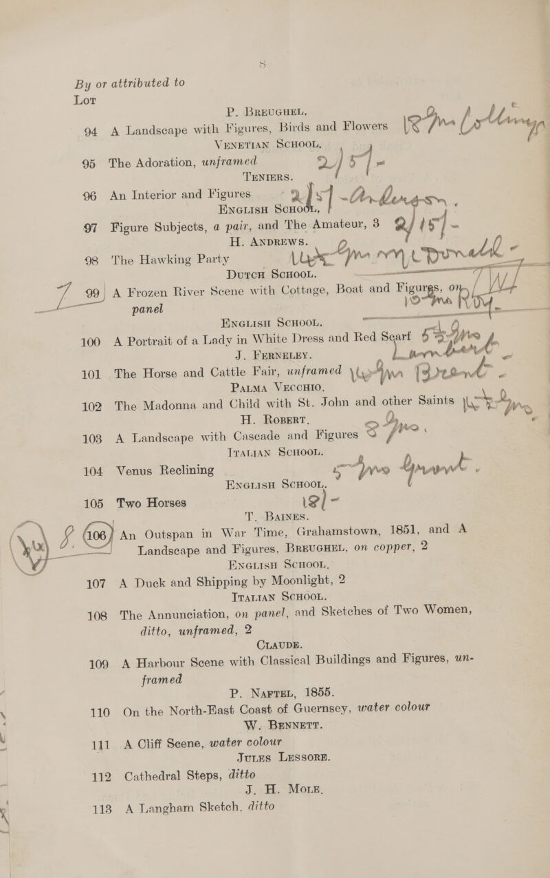 oe alt” aw By or attributed to Lot P. BREUGHEL, S 94 A Landscape with Figures, Birds and Flowers Kevae | te ic VENETIAN ee: 95 The Adoration, unframed )5]- TENIERS. 96 An Interior and Figures 2QIy rc * ENGLISH ScHo Anh | 97 Figure Subjects, a pair, and The Amateur, 3 iB ry H; a ae 98 The Hawking Party dpe Bil pee “3 Durcn ste “—- vA 99 | A Frozen River Scene with Cottage, Baad and moma R TW a panel :   ENGLISH SCHOOL. ; ae. 100 A Portrait of a Lady in White Dress and Red Se arf 5% = Ar van J. FERNELEY. . fore. 101 The Horse and Cattle Fair, unframed vi ‘ PauMa VECCHIO, War Fa [Qreand 102 The Madonna and Child with St. John and other Saints aot Ss H. Roperr, o +, . 1038 A Landscape with Cascade and Figures 3 Y ‘ ITALIAN ScHoon. 104 Venus Reclining ee rar j ENGLISH SCHOOL. 105 Two Horses iy } ad T.-BaINgEs. f (06) An Outspan in War Time, Grahamstown, 1851, and A | “* =“) Landscape and Figures, BREUGHEL, on copper, 2 ENGLISH SCHOOL, 107 A Duck and Shipping by Moonlight, 2 TTALIAN SCHOOL. 108 The Annunciation, on panel, and Sketches of Two Women, ditto, unframed, 2 CLAUDE. 109 A Harbour Scene with Classical Buildings and Figures, un- framed P. Naren, 1855. 110 On the North-East Coast of Guernsey, water colour W. BENNETT. 111. A Cliff Scene, water colour JuLEs LESSORE. 112 Cathedral Steps, ditto | _J. H. More, 118 A Langham Sketch, ditto