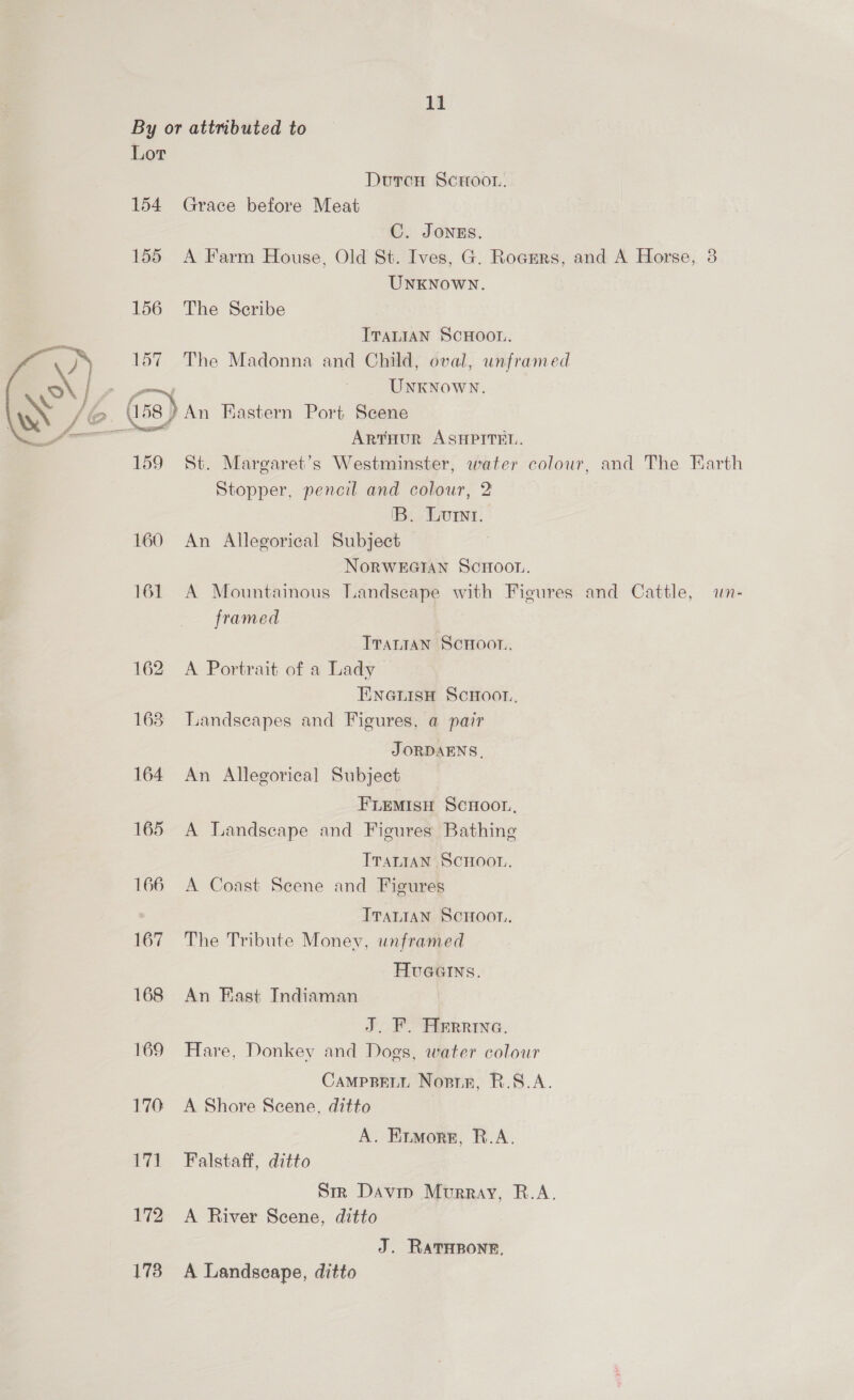 By or attributed to Lor DutrcnH Scoot. 154 Grace before Meat C. JONES. 155 A Farm House, Old St. Ives, G. Rogers, and A Horse, 3 UNKNowN. 156 The Scribe ITantaAn SCHOOL. 157. The Madonna and Child, oval, unframed fp jem UNKNOWN. fla (ss) An Eastern Port Scene | Artnur ASHPITEL. 159 St. Margaret’s Westminster, water colour, and The Earth Stopper, pencil and colour, 2 IB. Lor. 160 An Allegorical Subject NoRWEGIAN ScHoo.. 161 A Mountainous Landscape with Figures and Cattle, wn- framed  Tranian ScHoon, 162 A Portrait of a Lady ENGLISH ScHoon, 163 Landseapes and Figures, a pair JORDAENS, 164 An Allegorical Subject FLEMISH SCHOOL, 165 A Landscape and Figures Bathing TTALIAN Scnoon. 166 A Coast Scene and Figures Ttantan ScHoot... 167 The Tribute Money, unframed Hvuaeains. 168 An Fast Indiaman J. F. Herrina. 169 Hare, Donkey and Does, water colour CAMPBELL Nopir, R.S.A. 170. A Shore Scene, ditto A. Ermore, R.A. 171 Falstaff, ditto Sm Davin Murray, R.A. 172 A River Scene, ditto J. RATHBONE, 173 A Landscape, ditto