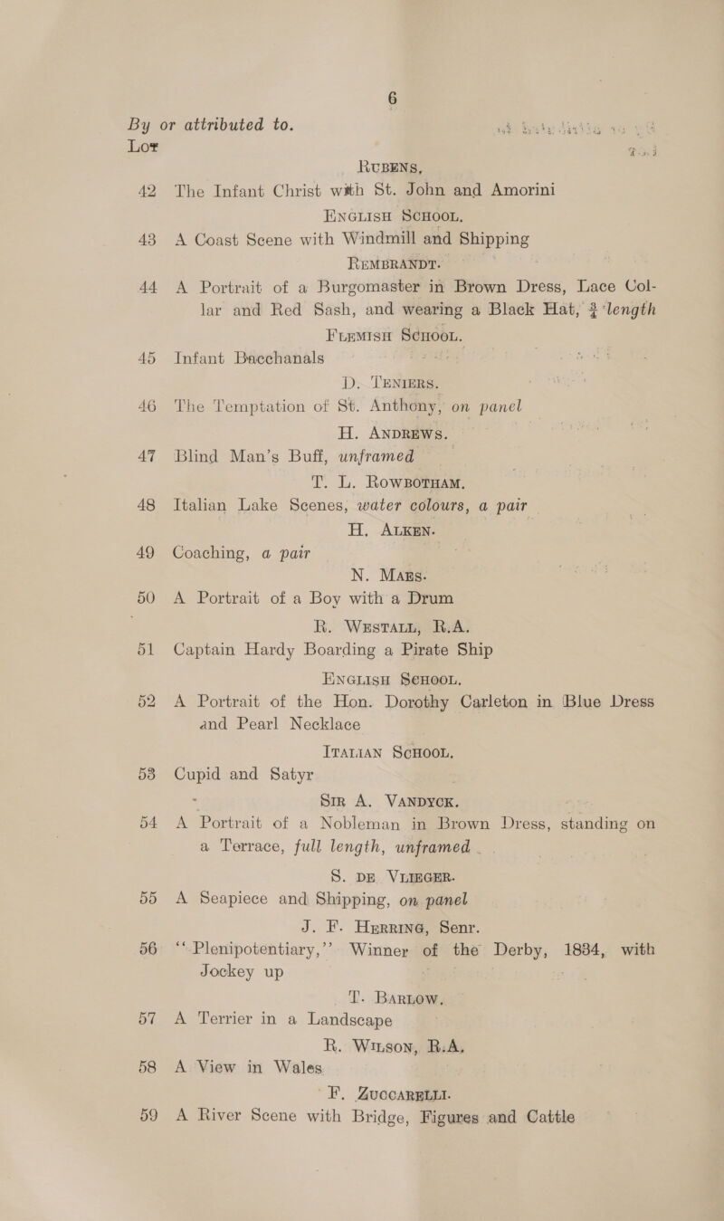 By or attributed to. Gos bad tte cae oe Lot a és j RUBENS, 42 The Infant Christ with St. John and Amorini ENGLISH SCHOOL. 43 A Coast Scene with Windmill and ne REMBRANDT. 44 <A Portrait of a Burgomaster in Brown Dress, Lace UCol- lar and Red Sash, and wearing a Black Hat, 3 ‘length Fremiso ScHoot. 45 Infant Bacchanals ya Teh ess! D. TENIERS. 46 The Temptation of St. Anthony, on panel ET, ANDREWS. 47 Blind Man’s Buff, unframed T. L. RowsBotnHam., 48 Italian Lake Scenes, water colours, @ pair H. ALKEn. aor 49 Coaching, a pair 6 N. Mass. 50 <A Portrait of a Boy with a Drum R. Westaun, R.A. 51 Captain Hardy Boarding a Pirate Ship ENGLISH SCHOOL, 52 A Portrait of the Hon. Dorothy Carleton in Blue Dress and Pearl Necklace ITaAtiaAN ScHOOL. 58 on and Satyr Sir A, Vase 54 <A Portrait of a Nobleman in Brown Dress, standing on a Terrace, full length, unframed . S. DE. VUIEGER. 55 A Seapiece and Shipping, on panel J. F. Herrine, Senr. 56 ‘* Plenipotentiary,’’ Winner of the Derby, 1884, with Jockey up awe _ T. Bartow, 57 A Terrier in a Landscape R. Winson, B:A, 58 <A View in Wales ) ~F. Zuccarguti. 59 A River Scene with Bridge, Figures and Cattle