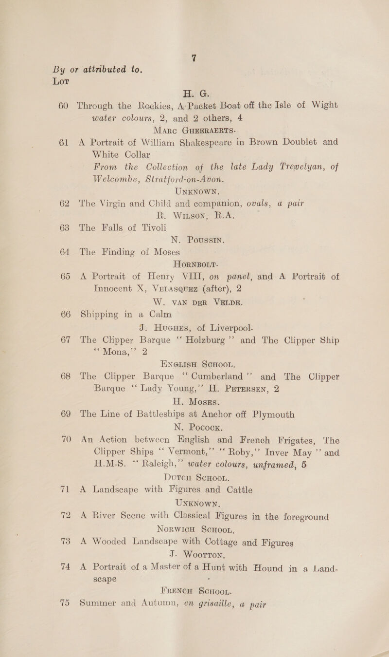 Lot 60 61 62 63 64 65 66 67 68 69 70 H. G. Through the Rockies, A-Packet Boat off the Isle of Wight water colours, 2, and 2 others, 4 Marc GHEERAERTS. A Portrait of William Shakespeare in Brown Doublet and White Collar From the Collection of the late Lady Trevelyan, of Welcombe, Stratford-on-Avon. UNKNOWN, The Virgin and Child and companion, ovals, a pair R. Wruson, R.A. The Falls of Tivoli N. Poussin. The Finding of Moses HoRNBOLT. A Portrait of Henry VIII, on panel, and A Portrait of Innocent X, VELASQUEZ (after), 2 W. VAN DER VELDE. Shipping in a Calm J. Huenes, of Liverpool. The Clipper Barque ‘‘ Holzburg’’ and The Clipper Ship Mona,” 2 ENGLISH SCHOOL. The Clipper Barque ‘‘ Cumberland’”’ and The Clipper Barque ‘‘ Lady Young,’’ H. Prerersen, 2 H. Moszs. The Line of Battleships at Anchor off Plymouth N. Pocock. An Action between English and French Frigates, ‘lhe Clipper Ships *‘ Vermont,’’ ‘* Roby,’’ Inver May ”’ and H.M.S. “ Raleigh,’ water colours, unframed, 5 DutcH ScHOoOL. A Landscape with Figures and Cattle UNKNOWN. A River Scene with Classical Figures in the foreground NoRWIcH ScHoon. A Wooded Landscape with Cottage and Figures J. Woorton. A Portrait of a Master of a Hunt with Hound in a Land- scape . FreNcH ScHoon. Summer and Autumn, en grisaille, a pair