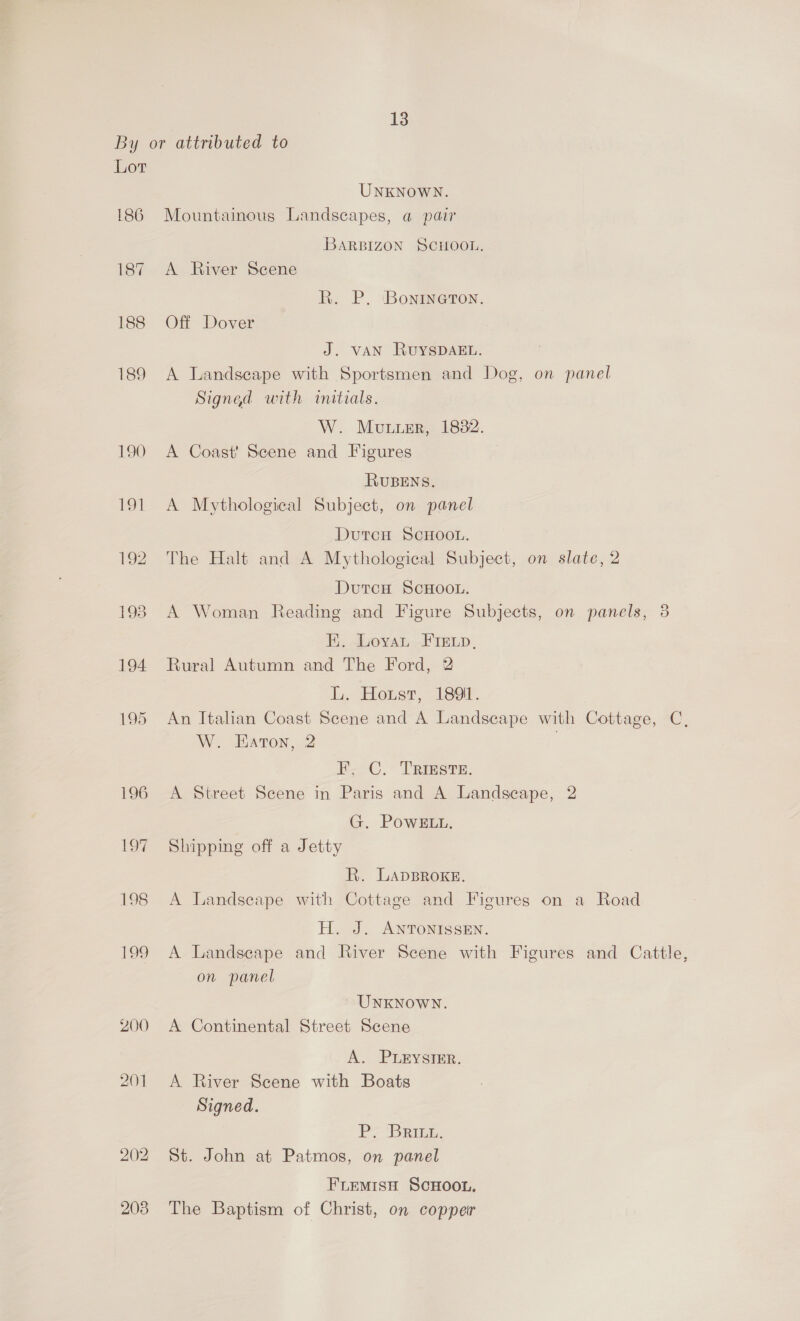 By or attributed to Lor UNKNOWN. 186 Mountainous Landscapes, a pair BARBIZON SCHOOL, 187 A River Scene R. P. Bonineton. 188 Off Dover J. VAN RuysDAEL. 189 A Landscape with Sportsmen and Dog, on panel Signed with initials. W. Mutter, 1882. 190 A Coast’ Scene and Figures } RUBENS. 191 A Mythological Subject, on panel DutcH SCHOOL. 192 The Halt and A Mythological Subject, on slate, 2 DutcH SCHOOL. 198 A Woman Reading and Figure Subjects, on panels, 3 EK. Loyvant FIELD. 194 Rural Autumn and The Ford, 2 L. Hoist, 1891. 195 An Italian Coast Scene and A Landscape with Cottage, C, W. Eaton, 2 | BC. Trims ts. 196 A Street Scene in Paris and A Landscape, 2 G. PoweELL, 197 Shipping off a Jetty R. LADBROKE. 198 A Landscape with Cottage and Figures on a Road H. J. ANTONISSEN. 199 A Landseape and River Scene with Figures and Cattle, on panel UNKNOWN. 200 <A Continental Street Scene A. PLEYSTER. 201 A River Scene with Boats Signed. Py ‘BRien. 202 St. John at Patmos, on panel FLemIsH SCHOOL. 203 The Baptism of Christ, on copper