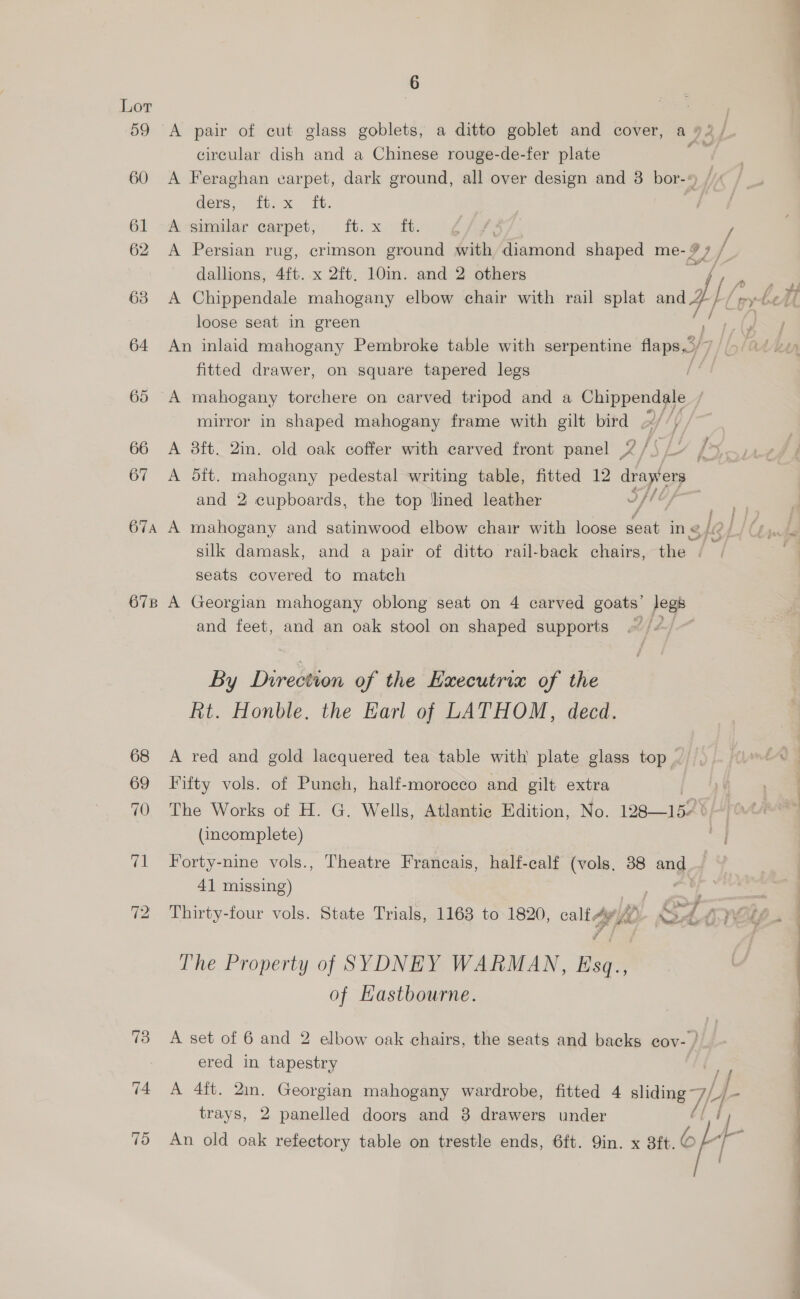 59 60 61 62 63 64 65 66 67 67A 678 6 A pair of cut glass goblets, a ditto goblet and cover, a 9.2 / circular dish and a Chinese rouge-de-fer plate aa A Feraghan varpet, dark ground, all over design and 3 bor-*) } mers; tho It. A-similar carpet, ft.x fh. Tara? A Persian rug, crimson ground with diamond shaped me- 9 7 Wh dallions, 4ft. x 2ft. 10in. and 2 others A Chippendale mahogany elbow chair with rail splat mfg Lett loose seat in green An inlaid mahogany Pembroke table with serpentine flaps) ’ fitted drawer, on square tapered legs | A mahogany torchere on carved tripod and a eciacy f mirror in shaped mahogany frame with gilt bird | A 3ft. 2in. old oak coffer with carved front panel a/ \ Le [5 A dit. mahogany pedestal writing table, fitted 12 gH, erg and 2 cupboards, the top ‘ined leather Oy led ro ) A mahogany and satinwood elbow chair with loose daa in le } , silk damask, and a pair of ditto rail-back chairs, the . seats covered to match A Georgian mahogany oblong seat on 4 carved goats’ Jegs and feet, and an oak stool on shaped supports ~~ By Direction of the Executrix of the Rt. Honble. the Earl of LATHOM, decd. A red and gold lacquered tea table with plate glass top). Fifty vols. of Punch, half-morocco and gilt extra 7 | The Works of H. G. Wells, Atlantic Edition, No. 128152 ; (incomplete) Forty-nine vols., Theatre Francais, half-calf (vols. 88 and 41 missing) - 7 ae Thirty-four vols. State Trials, 1163 to 1820, calty <0 Sz AY {fp . : | The Property of SYDNEY WARMAN, Esq., of Kastbourne. A set of 6 and 2 elbow oak chairs, the seats and backs eov- ’ ered in tapestry trays, 2 panelled doors and 8 drawers under et An old oak refectory table on trestle ends, 6ft. Qin. x 3ft. fy fr a i i