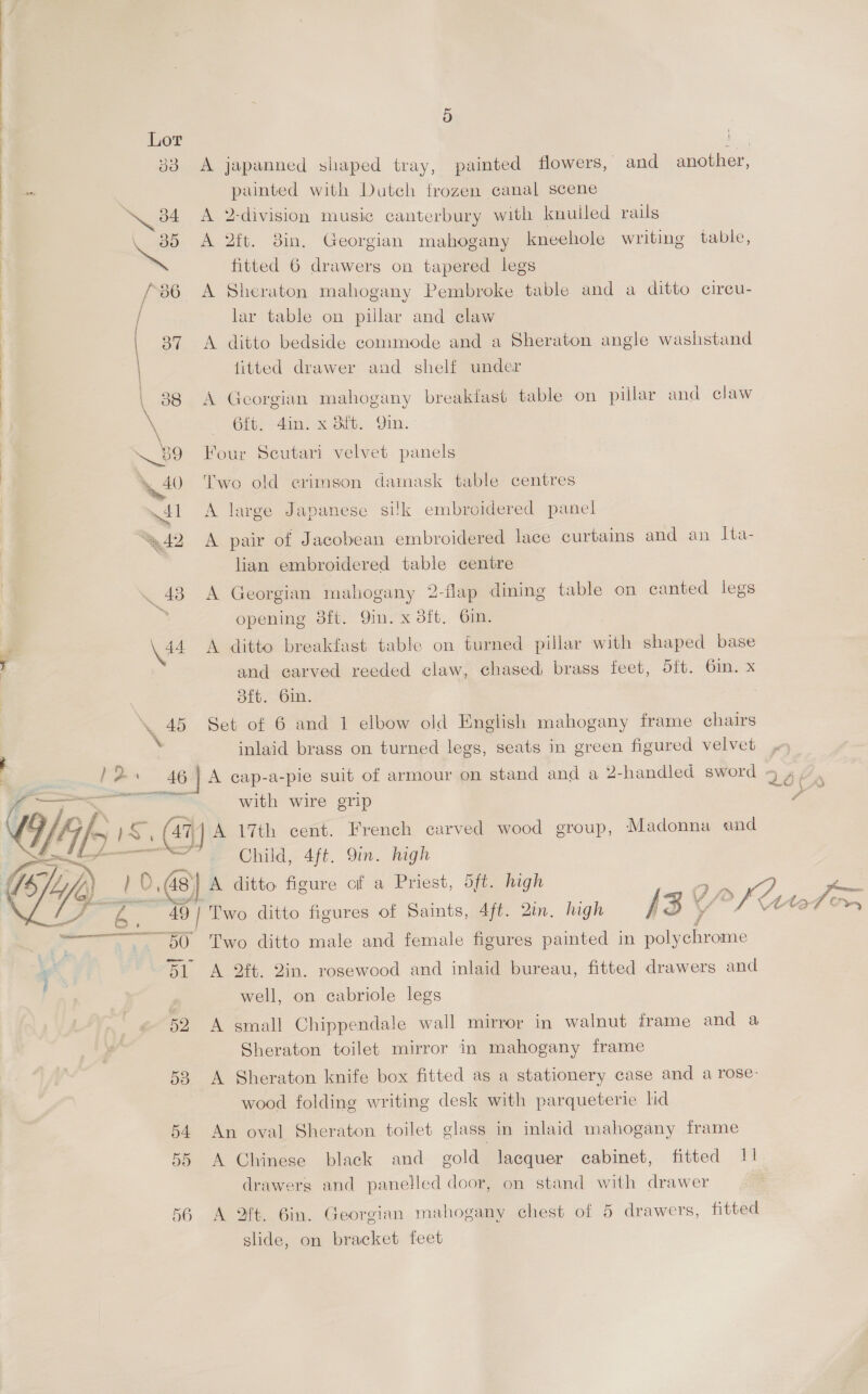 Lor | | c ' | 33 A japanned shaped tray, painted flowers, and another, painted with Dutch trozen canal scene ) SRcs A 2-division music canterbury with knulled rails — A 2ft. 8in, Georgian mahogany kneehole writing table, fitted 6 drawers on tapered legs / 86 A Sheraton mahogany Pembroke table and a ditto cireu- / lar table on pillar and claw 837 A ditto bedside commode and a Sheraton angle washstand fitted drawer aad shelf under | . 88 A Georgian mahogany breakfast table on pillar and claw rs + ib, 4th x Bie Gin: > \_89 Four Scutari velvet panels | 40 Two old erimson damask table centres 41 A large Japanese sik embroidered panel ‘42 A pair of Jacobean embroidered lace curtains and an Ita- lian embroidered table centre _ 48 A Georgian mahogany 2-flap dining table on canted legs S opening 8ft. Qin. x dft. 6in. \d4 A ditto breakfast table on turned pillar with shaped base | and carved reeded claw, chased brass feet, 5ft. 6in. x 8f{t. 6in. \ 45 Set of 6 and 1 elbow old English mahogany frame chairs inlaid brass on turned legs, seats in green figured velvet with wire grip a (47) A 17th cent. French carved wood group, Madonna and Child, 4ft. 9in. high 0.6 A ditto figure of a Priest, oft. high a” re, 4) Two ditto figures of Saints, 4ft. 2in. high A3X Yrs ee 50 Two ditto male and female figures painted in ic Bl A 2ft. 2in. rosewood and inlaid bureau, fitted drawers and well, on cabriole legs st 7 *    52 A small Chippendale wall mirror in walnut frame and a Sheraton toilet mirror in mahogany frame 58 A Sheraton knife box fitted as a stationery case and a rose- wood folding writing desk with parqueterie lid 54 An oval Sheraton toilet glass in inlaid mahogany frame 55 A Chinese black and gold lacquer cabinet, fitted 11 drawers and panelled door, on stand with drawer 56 A ft. Gin. Georgian mahogany chest of 5 drawers, fitted slide, on bracket feet