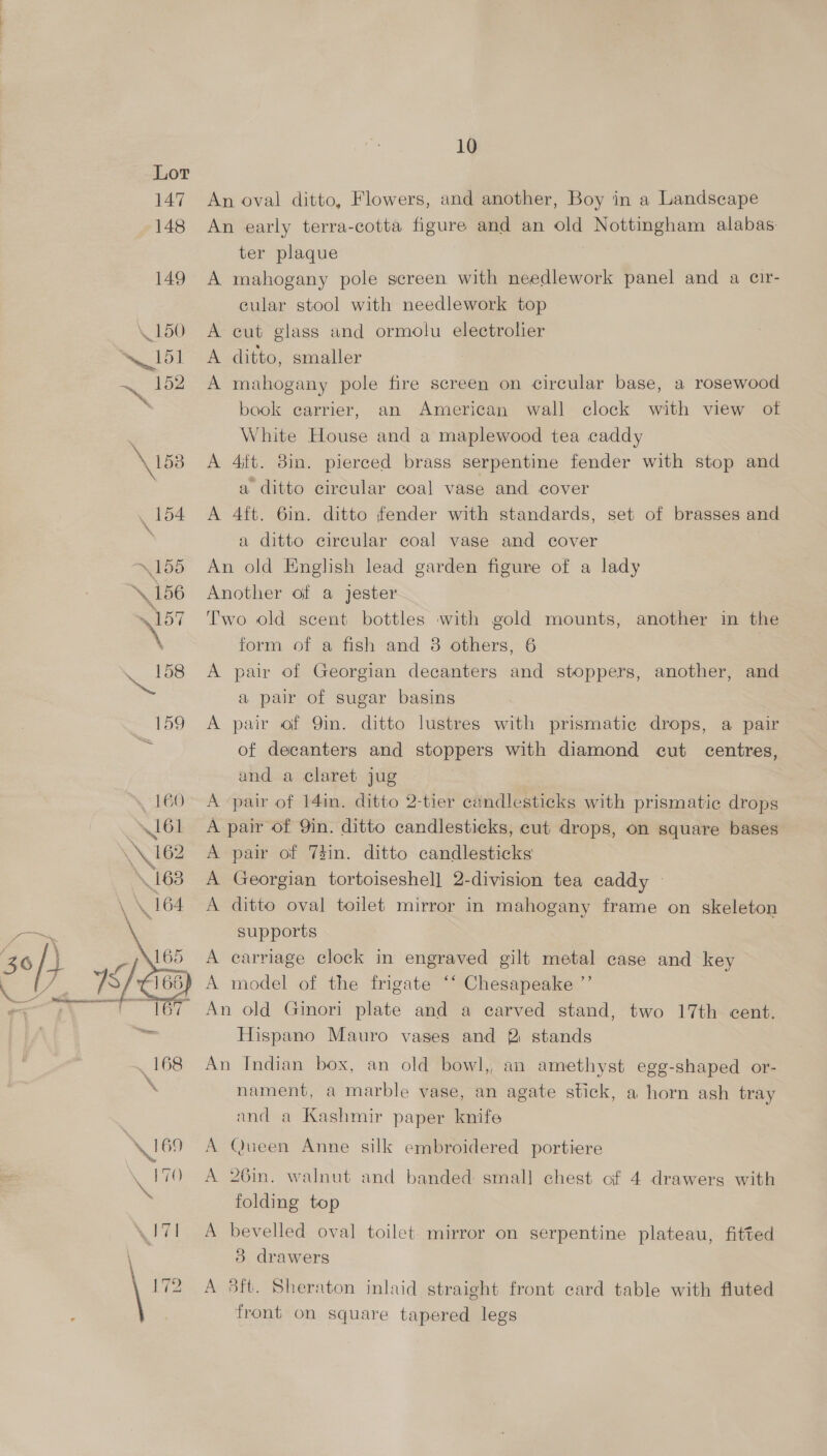  An oval ditto, Flowers, and another, Boy in a Landscape An early terra-cotta figure and an old Nottingham alabas: ter plaque A mahogany pole screen with needlework panel and a cir- cular stool with needlework top A cut glass and ormolu electrolier A ditto, smaller A mahogany pole fire screen on circular base, a rosewood book carrier, an American wall clock with view of White House and a maplewood tea caddy A 4ift. 81. pierced brass serpentine fender with stop and a ditto circular coal vase and cover A 4ft. 6im. ditto fender with standards, set of brasses and a ditto circular coal vase and cover An old English lead garden figure of a lady Another of a jester Two old scent bottles with gold mounts, another in the form of a fish and 38 others, 6 A pair of Georgian decanters and stoppers, another, and a pair of sugar basins A pair of 9in. ditto lustres with prismatic drops, a pair of decanters and stoppers with diamond cut centres, and a claret jug A pair of 14in. ditto 2-tier cendlesticks with prismatic drops A pair of Qin. ditto candlesticks, cut drops, on square bases A pair of 7sin. ditto candlesticks A Georgian tortoiseshell 2-division tea caddy © A ditto oval toilet mirror in mahogany frame on skeleton supports A carriage clock in engraved gilt metal case and key A model of the frigate ‘‘ Chesapeake ”’ An old Ginori plate and a carved stand, two 17th cent. Hispano Mauro vases and 2 stands An Indian box, an old bowl,, an amethyst egg-shaped or- nament, a marble vase, an agate stick, a horn ash tray and a Kashmir paper knife A Queen Anne silk embroidered portiere A 26in. walnut and banded small chest of 4 drawers with folding top A bevelled oval toilet mirror on serpentine plateau, fitted 58 drawers A 3ft. Sheraton inlaid straight front card table with fluted front on square tapered legs