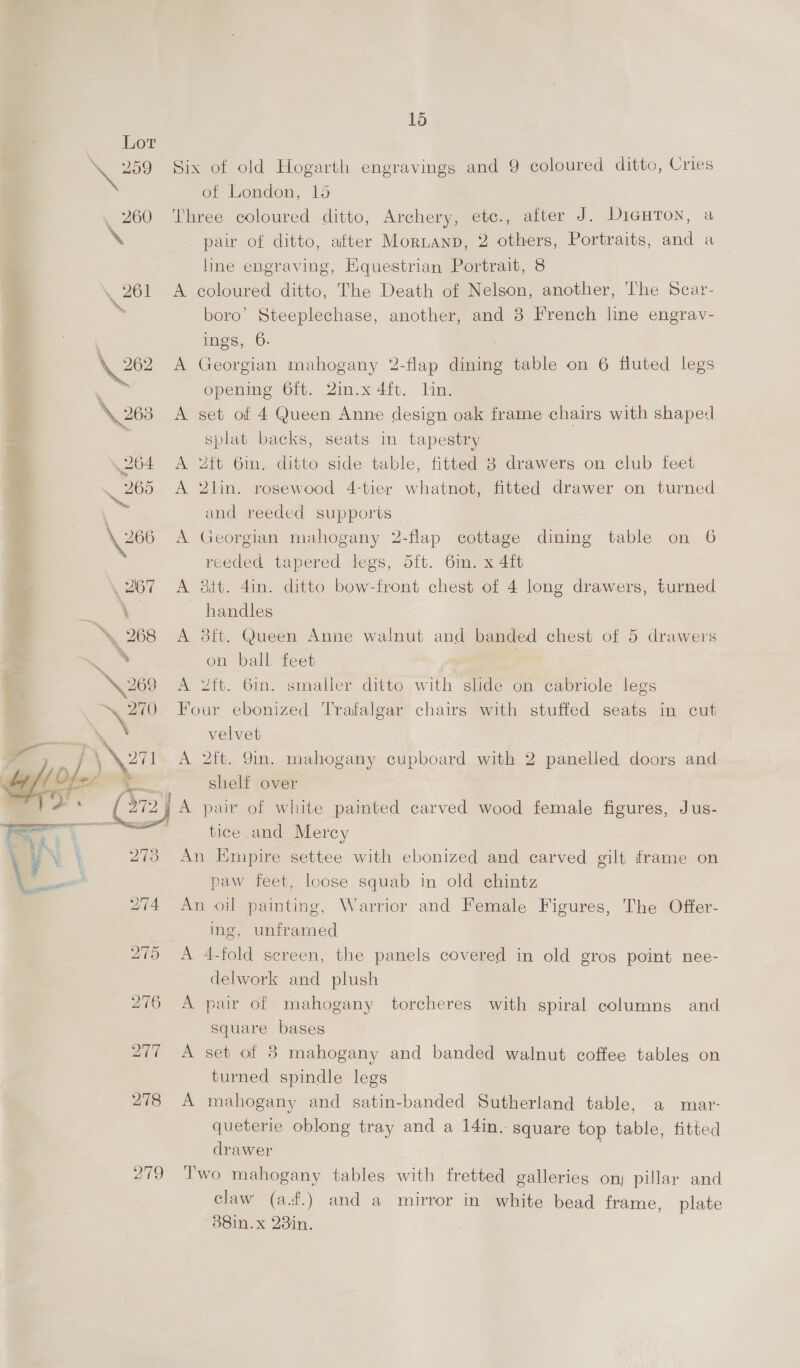 Or  gio 15 Six of old Hogarth engravings and 9 coloured ditto, Cries of London, 15 Three coloured ditto, Archery, etc., after J. Dicuton, a pair of ditto, after Morianp, 2 others, Portraits, and a line engraving, Equestrian Portrait, 8 A coloured ditto, The Death of Nelson, another, The Scar- boro’ Steeplechase, another, and 3 French line engrav- ings, 6. A Georgian mahogany 2-flap dining table on 6 fluted legs opening 6ft. 2in.x 4ft. Lin. A set of 4 Queen Anne design oak frame chairs with shaped splat backs, seats in tapestry A 2tt 6in. ditto side table, fitted 8 drawers on club feet A 2lin. rosewood 4-tier whatnot, fitted drawer on turned and reeded supports A Georgian mahogany 2-flap cottage dining table on 6 reeded tapered legs, 5ft. 6in. x 4ft A 38it. 4in. ditto bow-front chest of 4 long drawers, turned handles A 8ft. Queen Anne walnut and banded chest of 5 drawers on ball. feet , oe A 2ft. 6in. smaller ditto with slide on cabriole legs Four ebonized Trafalgar chairs with stuffed seats in cut velvet A 2ft. 9in. mahogany cupboard with 2 panelled doors and shelf over tice and Mercy An Empire settee with ebonized and carved gilt frame on paw feet, loose squab in old chintz An oil painting, Warrior and Female Figures, The Offer- ing, unframed A 4-fold sereen, the panels covered in old gros point nee- delwork and plush A pair of mahogany torcheres with spiral columns and square bases A set of 8 mahogany and banded walnut coffee tables on turned spindle legs A mahogany and satin-banded Sutherland table, a mar- queterie oblong tray and a 14in.- square top table, fitted drawer Two mahogany tables with fretted galleries on pillar and claw (a.f.) and a mirror in white bead frame, plate 88in.x 23in.