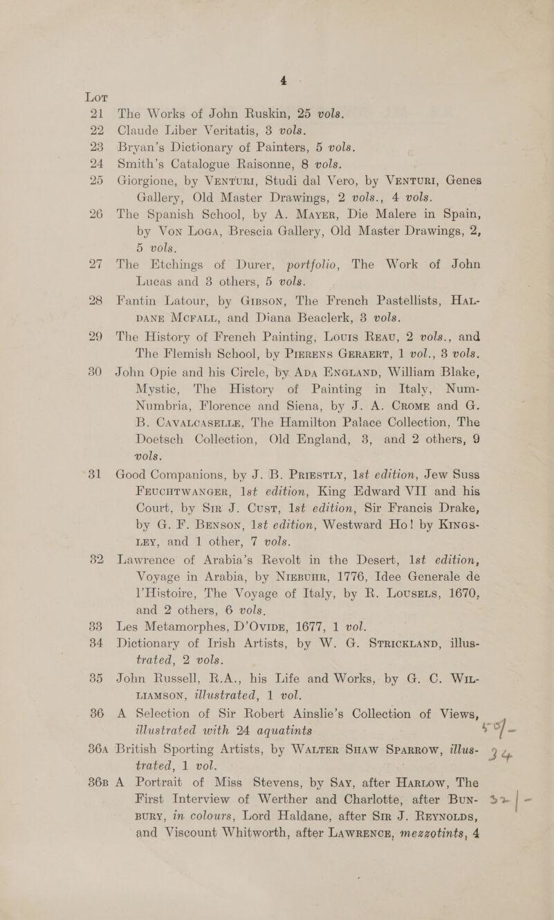 29 30 Bl 36 4 The Works of John Ruskin, 25 vols. Claude Liber Veritatis, 3 vols. Bryan’s Dictionary of Painters, 5 vols. Smith’s Catalogue Raigonne, 8 vols. Giorgione, by VENTURI, Studi dal Vero, by VenTuRI, Genes Gallery, Old Master Drawings, 2 vols., 4 vols. The Spanish School, by A. Maysr, Die Malere in Spain, by Von Loga, Brescia Gallery, Old Master Drawings, 2, 5 vols. The Etchings of Durer, portfolio, The Work of John Lueas and 8 others, 5 vols. Fantin Latour, by Gipson, The French Pastellists, Hat- DANE Mcrauu, and Diana Beaclerk, 3 vols. The History of French Painting, Louts Reav, 2 vols., and The Flemish School, by PrerENs GERAERT, 1 vol., 3 vols. John Opie and his Circle, by ADA ENnGLanD, William ‘Blake, Mystic, The History of Painting in Italy, Num- Numbria, Florence and Siena, by J. A. Crome and G. B. CavaLcasELLE, The Hamilton Palace Collection, The Doetsch Collection, Old England, 8, and 2 others, 9 vols. er Good Companions, by J. 'B. Priestiy, 1st edition, Jew Suss FEUCHTWANGER, Ist edition, King Edward VII and his Court, by Sir J. Cust, Ist edition, Sir Francis Drake, by G. F. Benson, Ist edition, Westward Ho! by Krnes- LEY, end 1 other, 7 vols. Lawrence of Arabia’s Revolt in the Desert, 1st edition, Voyage in Arabia, by Nresunr, 1776, Idee Generale de |’ Histoire, The Voyage of Italy, by R. Loussrzs, 1670, and 2 others, 6 vols, Les Metamorphes, D’Ovipz, 1677, 1 vol. Dictionary of Irish Artists, by W. G. Srrickianp, illus- trated, 2 vols. John Russell, R.A., his Life and Works, by G. C. Wit- LIAMSON, illustrated, 1 vol. A Selection of Sir Robert Ainslie’s Collection of Views, illustrated with 24 aquatints First Interview of Werther and Charlotte, after Bun- BURY, in colours, Lord Haldane, after Sm J. Reynops, and Viscount Whitworth, after LAWRENCE, mezzotints, 4 34