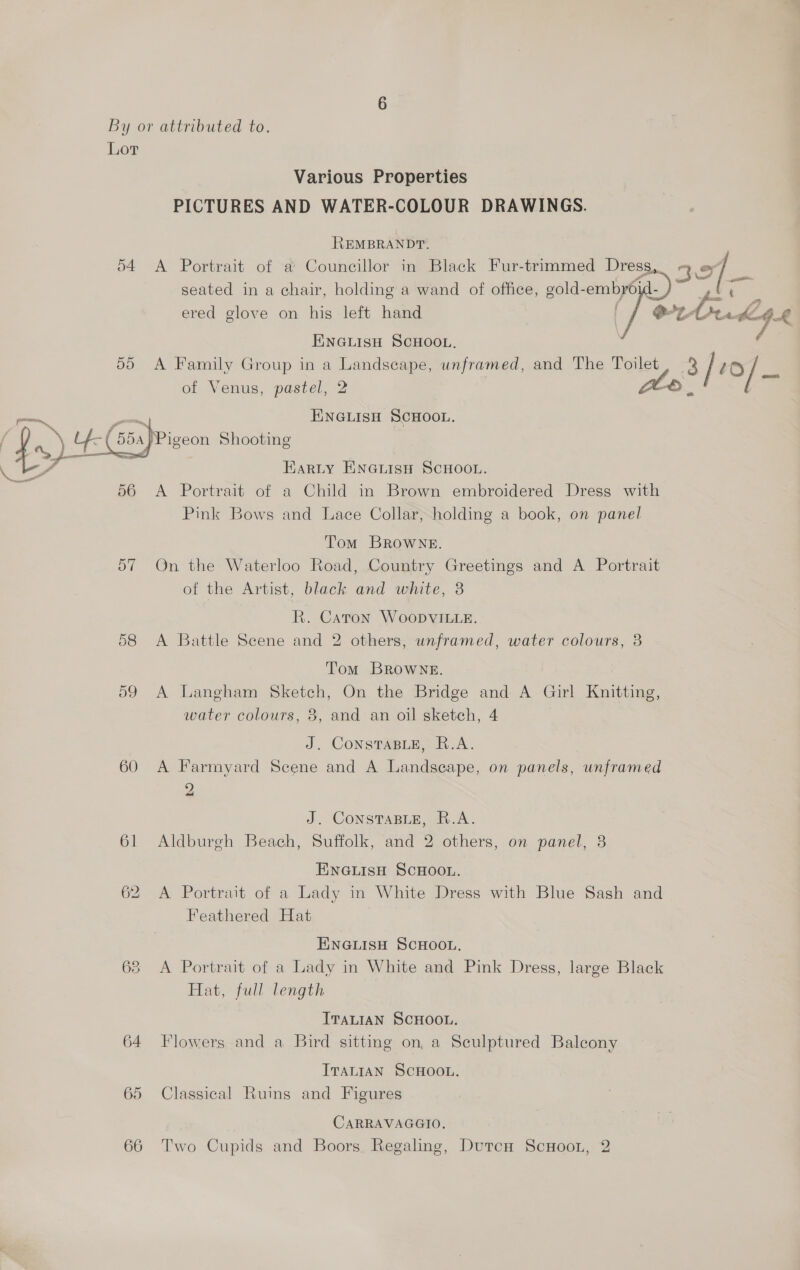  By or attributed to. Various Properties PICTURES AND WATER-COLOUR DRAWINGS. REMBRANDT. seated in a chair, holding a wand of office, gold- embyo i ered glove on his left hand ire Vrude KG oD A Family Group in a ame unframed, and The no 3 43 |¢2/- of Venus, pastel, 2 : ENGLISH SCHOOL. A}Pigeon Shooting Earty ENGLISH SCHOOL. 56 <A Portrait of a Child in Brown embroidered Dress with Pink Bows and Lace Collar, holding a book, on panel Tom BROWNE. 57 On the Waterloo Road, Country Greetings and A Portrait of the Artist, black and white, 8 R. Caton WooDviL.e. 58 A Battle Scene and 2 others, unframed, water colours, 3 Tom BROWNE. 59 A Langham Sketch, On the Bridge and A Girl Knitting, water colours, 3, and an oil sketch, 4 J. CONSTABLE, R.A. 60 A Farmyard Scene and A Landscape, on panels, unframed 9 dod J. CONSTABLE, R.A. 61 Aldburgh Beach, Suffolk, and 2 others, on panel, 8 ENGLISH SCHOOL. 62 A Portrait of a Lady in White Dress with Blue Sash and Feathered Hat ENGLISH SCHOOL. 68 <A Portrait of a Lady in White and Pink Dress, large Black Hat, full length ITALIAN SCHOOL. 64 Flowers and a Bird sitting on, a Sculptured Balcony ITALIAN SCHOOL. 65 Classical Ruins and Figures CARRAVAGGIO. 66 Two Cupids and Boors Regaling, DutcH ScHoon, 2 9 _