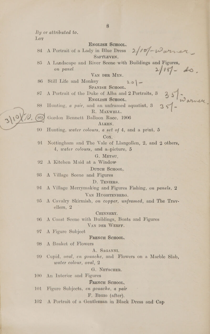 ln ine ead  By or attributed to. ENGLISH SCHOOL. Ae ee 84 &lt;A Portrait of a Lady in ‘Blue Dress 2 / f o/- L? ee TT os i SAFTLEVEN. 85 A Landscape and River Scene with Buildings and Figures, VAN DER Myn. | : 86 Still Life and Monkey 3o1— SPANISH SCHOOL. BT. A Portrait of the Duke offita-and SPormaits,.6° . 5 E ENGLISH SCHOOL. : Ww arrnrelt 88 Hunting, a pair, and an unframed aquatint, 3 | - 7 | R. Maxwe tu. f 94 Gordon Bennett Balloon Race, 1906 ALKEN. — 90 Hunting, water colours, a set of 4, and a print, 5 | Com 91 Nottingham and The Vale of Llangollen, 2, and 2 others, 4, water colours, and a-«picture, 5 G. Martsv. 92 &lt;A Kitchen Maid at a Window Dutcu ScHoo.. 93 A Village Scene and Figures D. ‘TENIERS. 94 &lt;A Village Merrymaking and Figures Fishing, on panels, 2 VAN HUGHTENBERG. 95 A Cavalry Skirmish, on copper, unframed, and The Trav- ellers, 2 CHINNERY. 96 A Coast Scene with Buildings, Boats and Figures VAN DER WERFF. 97 A Figure Subject FRENCH SCHOOL. 98 &lt;A ‘Basket of Flowers A. SAGANNI. 99 Cupid, oval, en gouache, and Flowers on a Marble Slab, water colour, oval, 2 G. NETSCHER. 100 An Interior and Figures Frencu Scwoon. 101 Figure Subjects, en gouache, a pair fF’. Bicio (after). 102 A Portrait of a Gentleman in Black Dress and Cap