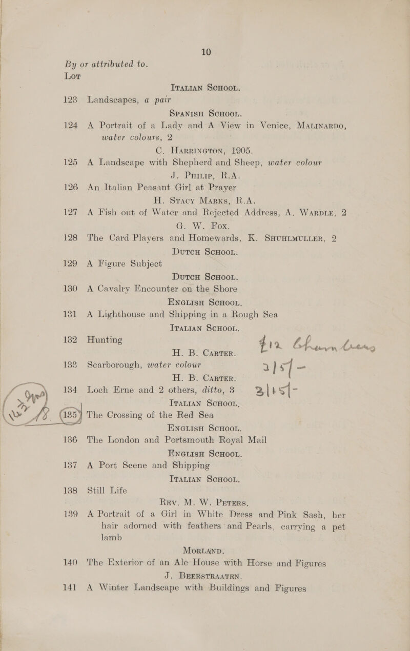 By or attributed to. Lor Iranian SCHOOL. 128 Landscapes, a pair SPANISH SCHOOL. , 124 A Portrait of a Lady and A View in Venice, MaLrnarpo, water colours, 2 C. Harrineton, 1905. 125 A Landscape with Shepherd and Sheep, water colour J. Pritip, RyA. 126 An Italian Peasant Girl at Prayer H. Stacy Marks R.A. 127 A Fish out of Water and Rejected Address, A. WaRrpLE, 2 Gi W, sox. 128 The Card Players and Homewards, K. SHUHLMULLER, 2 Dutcu ScHoo.. 129 A Figure Subject . Dutcu ScHoot. 130 A Cavalry Encounter on the Shore ENGLISH ScHOOL. 181 A Lighthouse and Shipping in a Rough Sea ITaLIaAN SCHOOL. 132 Hunting 4,0. -SL fit ie H. B. Carter. ne 6 how n Aten 188 Scarborough, water colour 5 } | — H. B: Carrer. Loch Erne and 2 others, ditto, 8 a|tst- Ml Iranian ScHoon, M3 %, The Crossing of the Red Sea ENGLISH SCHOOL. 186 The London and Portsmouth Royal Mail ENGLISH SCHOOL. 187 A Port Scene and Shipping ITALIAN SCHOOL.  188 Still Life : Rev. M. W. Prrers. 139 A Portrait of a Girl in White Dress and Pink Sash, her hair adorned with feathers and Pearls, carrying a pet lamb Mor LaiNnD. 140 The Exterior of an Ale House with Horse and Figures J. BEERSTRAATEN. 141 A Winter Landscape with Buildings and Figures