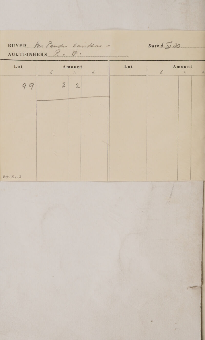      rc) sf -— | BUYER. An Jemetn ginriow - Date 4:4 90... j AUCTIONEERS |_| Lit a v We ade BB Bla tic | Lot Amount Lot Amount L 5 d oe 5 d. | ad <= , : ae is | a; 2 $$$ !        