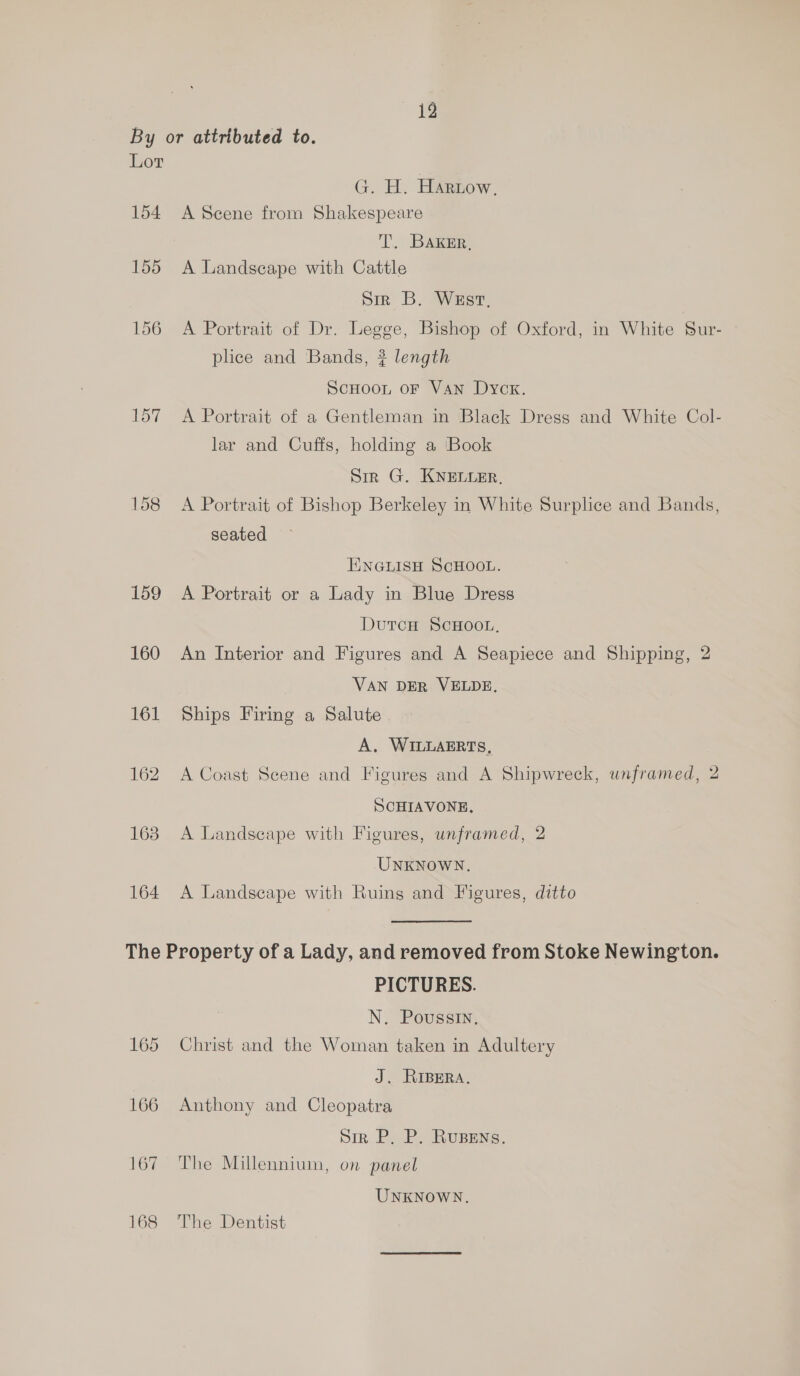 157 160 161 162 163 164 G. H. Hartow, A Scene from Shakespeare T. Baker, A Landscape with Cattle Sir B. West, A Portrait of Dr. Legge, Bishop of Oxford, in White Sur- plice and Bands, # length ScHoon or Van Dyck. A Portrait of a Gentleman in Black Dress and White Col- lar and Cuffs, holding a ‘Book Sir G. KNELLER, A Portrait of Bishop Berkeley in White Surplice and Bands, seated ENGLISH SCHOOL. A Portrait or a Lady in Blue Dress DutcH SCHOOL, An Interior and Figures and A Seapiece and Shipping, 2 VAN DER VELDE, Ships Firing a Salute A. WILLAERTS, A Coast Scene and Figures and A Shipwreck, unframed, 2 SCHIAVONE, A Landscape with Figures, unframed, 2 UNKNOWN. A Landscape with Ruing and Figures, ditto PICTURES. N. Poussin, Christ and the Woman taken in Adultery J. RIBERA. Anthony and Cleopatra Siz P. P. RuBENs. The Millennium, on panel UNKNOWN, The Dentist