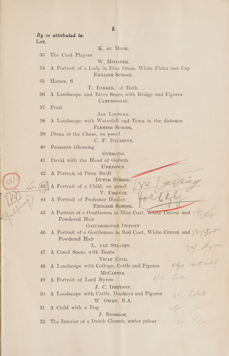 33 34 B5 36 3” 38 9 40 46 47   K. pu Moor, The Card Players W. Hocarru. A Portrait of a Lady in Blue Dress, White Fichu and Cap ENGLISH SCHOOL. Horses, 6 fT. BARKERS) of (Bath. A Landscape and River Scene with Bridge and Figures CAMPIDOGLIO, Fruit JAN Loorens. A Landscape with Waterfall and Town in the distance FLEMISH SCHOOL. Diana at the Chase, on panel C. F. Dauvpieny. Peasants Gleaning GUERCINO. David with the Head of Gohath UNKNOWN, A Portrait of Dean Swift Dutcn ScHooL,   V. Fineszn, a as 8 A Portrait of Professor Husley ay “{ ENGLISH SeHOOL. ] , A Portrait of a Gentleman in Blue Coat, 6 Cravat and Powdered Hair | (JAINSBOROUGH DUPONT. Powdered Hair L. van STAATEN. A Canal Scene with ‘Boats Vicat COLE, . A Landscape with Cottage, Cattle and Figures g G g McCaRTER. A Portrait of Lord Byron J. C. IBBErson. A Landscape with Cattle, Donkeys and Figures W Owen) R.A. A Child with a Dog J. BossBoom. The Interior of a Dutch Church, water colour