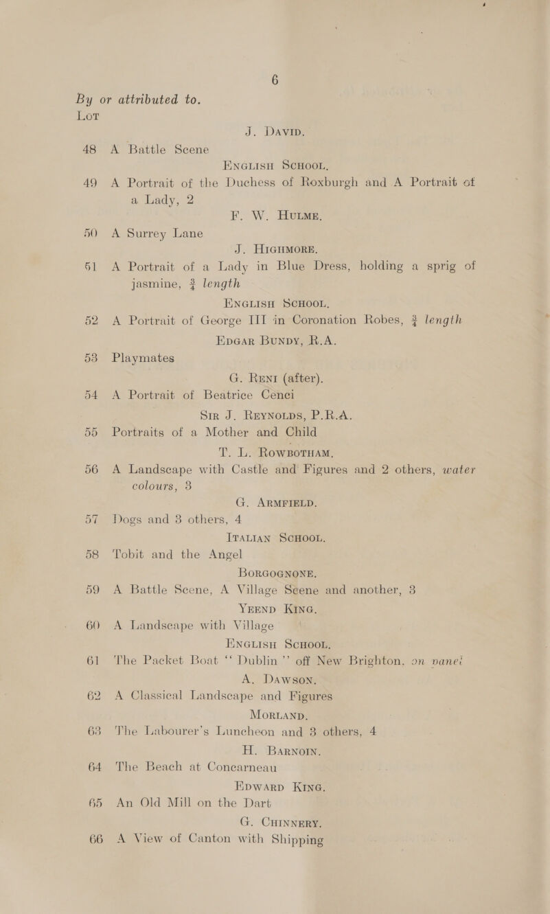 48 49 Or Or d. Davao A Battle Scene ENGLISH SCHOOL, A Portrait of the Duchess of Roxburgh and A a Lady, 2 F. W. HULME, A Surrey Lane J. HiGHMore. A Portrait of a Lady in Blue Dress, holding jasmine, ? length EK.\NGLISH SCHOOL, A Portrait of George III in Coronation Robes, EpGar Bunpy, R.A. Playmates G. Rent (after). A Portrait of Beatrice Cenci Sir J. ReyNnoups, P.R.A. Portraits of a Mother and Child T. L. RowzBornHam, a Jeo 4 sprig of length colours, 8 G. ARMFIELD. Dogs and 8 others, 4 ITALIAN SCHOOL. Tobit and the Angel BORGOGNONE. YEEND KING. A Landseape with Village ENGLISH SCHOOL. A. Dawson. A Classical Landscape and Figures MorLAND. The Labourer’s Luncheon and 8 others, 4 H. Barnotn. The Beach at Conearneau Epwarp KING. An Old Mill on the Dart G. CHINNERY. A View of Canton with Shipping