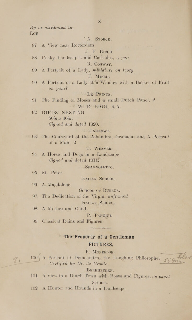 87 93 94 98 99 A. pomeK. A View near Rotterdam J. Ee ircn, Rocky Landscapes and Cascades, a pair R. Cosway, A Portrait of a Lady, miniature on ivory F. Misris. A Portrait of a Lady at‘a° Window with a Basket of Fruit on panel Ln- PRINCE. The Finding of Moses: and*a small Dutch Panel, 2 W: -ReUBIGG, -R.A. BIRDS’ NESTING 50in.x 40in. Signed and dated 1820. UNKNOWN. The Courtyard of the Alhambra, Granada, and A Portrait of a Man, 2 ‘T. WEAVER. A Horse and Dogs in a.Landscape Signed and dated 1811. SPAGNOLETTO, St. Peter ITALIAN SCHOOL. A. Magdalene SCHOOL OF RUBENS. The Dedication of the Virgin, unframed ITALIAN SCHOOL. A Mother and Child P. .PANNINI. Classical Ruins and Figures — ~The Property of a Gentleman. PICTURES. P.-MoREELSE. A Portrait of Democrates, the Laughing Philosopher ,-,-¢ Ot# oer : 2 3 “FLA, Certified by Dr. de Groote. ee BERKHEYDEN. A View in a Dutch Town with Boats and Figures, on panel STUBBS. A Hunter and Hounds in a Landseape