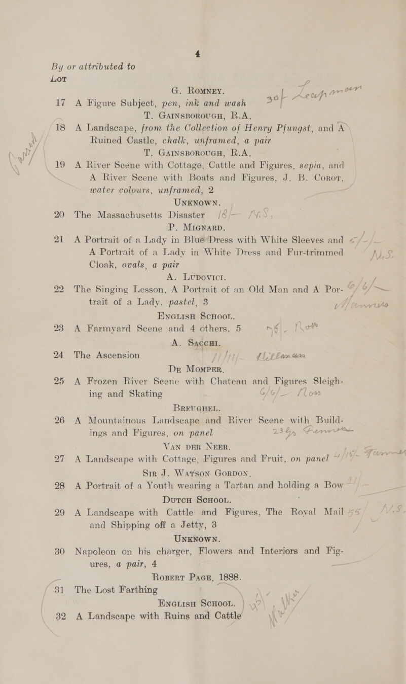 LY 18 1 20 21 30 31 32 : ee OF. A Figure Subject, pen, ink and wash a T. GAINSBOROUGH, R.A. Ruined Castle, chalk, unframed, a pair T. GarnsporouaH, R.A. A River Scene with Cottage, Cattle and Figures, sepia, and A River Scene with Boats and Figures, J. B. Coror, water colours, unframed, 2 UNKNOWN. | The Massachusetts Disaster /¢ /- P. MiGNnarb. A Portrait of a Lady in Blué*Dress with White Sleeves and A Portrait of a Lady in White Dress and Fur-trimmed Cloak, ovals, a pair A. LvDevict. trait of a Lady, pastel, 3 ENGLISH SCHOOL. A Farmyard Scene and 4 others, 5 Nél. A. Saccat. The Ascension | rr fay C1 £ Een Gan Dr MompEr., A Frozen River Scene with Chateau and eS Sleigh- ing and Skating C/G} _ oe BREUGHEL. A Mountainous Landscape and River Scene ait Build- ings and Figures, on panel Vay / VAN DER NEER. Str J. Watson GORDON, A Portrait of a Youth wearing a Tartan and holding a Bow DutcH ScHOOL. and Shipping off a Jetty, 3 UNKNOWN. Napoleon on his charger, Flowers and Interiors and Fig- ures, @ pair, 4 Ropert Pace, 1888. The Lost Farthing ae Encuisu ScHoon. } ..” A Landscape with Ruins and Cattle