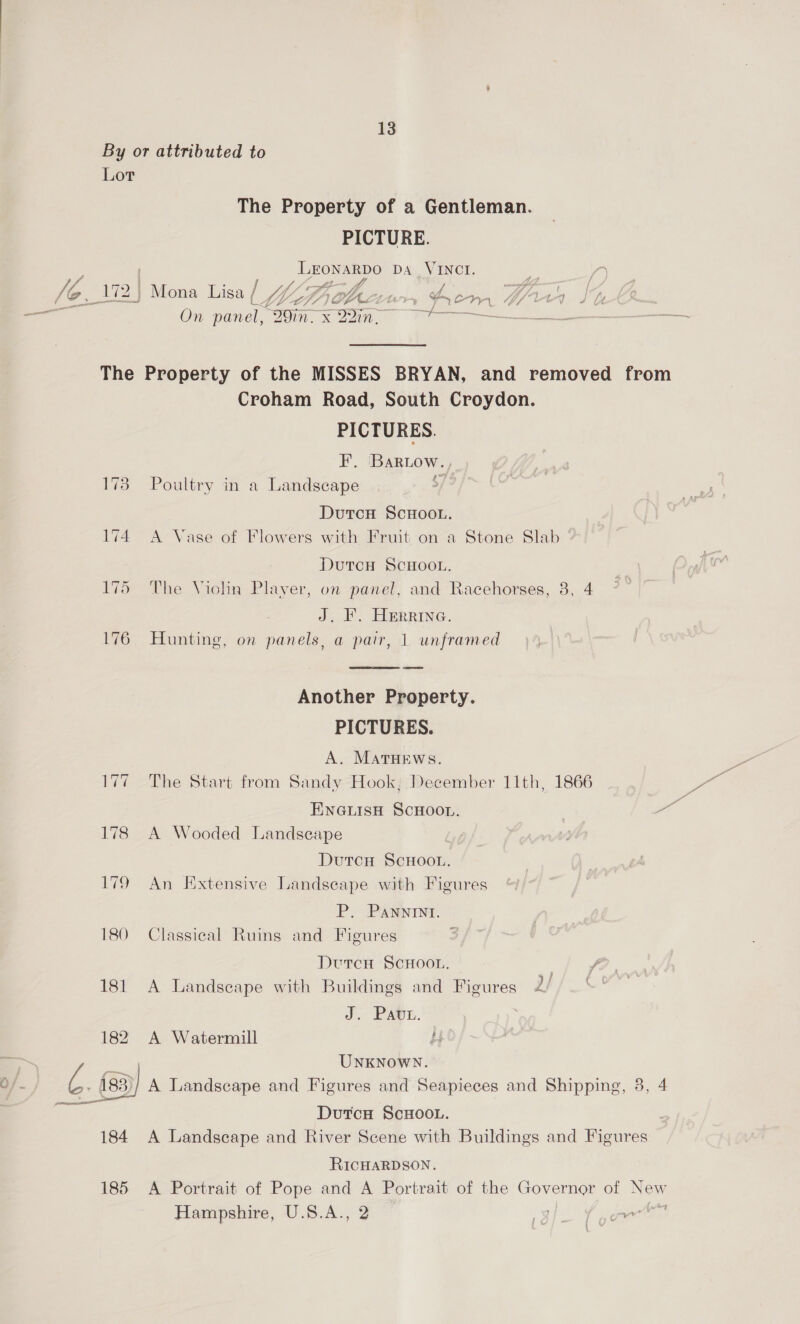 By or attributed to Lor The Property of a Gentleman. PICTURE. P LEONARDO Da_ VINCI. : 1) /@,_ 172) Mona Lisal Wah aur Her, Yr On panel, WO On ee Poe The Property of the MISSES BRYAN, and removed from Croham Road, South Croydon. PICTURES. F, Bartow. 1738 Poultry in a Landscape DutcH ScHoou. 174 A Vase of Flowers with Fruit on a Stone Slab DutcH ScHoo., 175 The Viohn Player, on panel, and Racehorses, 3, 4 J. F. Herrine. 176 Hunting, on panels, a pair, 1 unframed  Another Property. PICTURES. A. MATHEWS. 177 The Start from Sandy Hook, December 11th, 1866 ENGLISH SCHOOL. 178 A Wooded Landscape Dutcu ScHoo.. 179 An Extensive Landseape with Figures P. Pannint. 180 Classical Ruins and Figures Dutcn ScHooL. 181 A Landscape with Buildings and Figures 2 J. Par. A Watermill UNKNOWN ag A Landscape and Figures and Seapieces and Shipping, 3, 4 fey Dutcn ScHoov. 184 A Landscape and River Scene with Buildings and Figures RICHARDSON. 185 A Portrait of Pope and A Portrait of the a; of New Hampshire, U.S.A., 2 ees