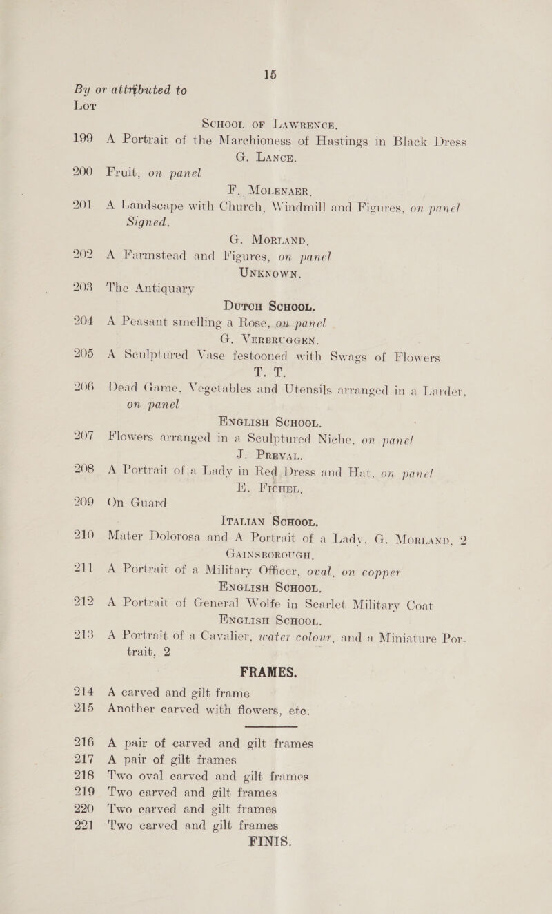 By or attributed to Lot SCHOOL OF LAWRENCE. 199 A Portrait of the Marchioness of Hastings in Black Dress G. Lance. 200 Fruit, on panel I. MoLenakr, 201 A Landseape with Church, Windmill and Figures, on panel Signed. G. Mornanp, 202 A Farmstead and Figures, on panel UNKNoWN. 208 The Antiquary Dutcn ScHoot. 204 A Peasant smelling a Rose, on panel G, VERBRUGGEN, 205 A Sculptured Vase festooned with Swaes of Flowers sl bs 206 Dead Game, Vegetables and Utensils arranged in a Larder, on panel ENGLIsH SCHOOL. 207 Flowers arranged in a Sculptured Niche, on panel J. PREVAL. 208 A Portrait of.a Lady in Red Dress and Hat, on panel BK. Ficus, 209° On Guard 3 Trattan ScHoot. 210 Mater Dolorosa and A Portrait of a Lady, G. Morianp, 2 (GAINSBOROUGH, 211 A Portrait of a Military Officer, oval, on copper EneutsH ScHoou. 212 A Portrait of General Wolfe in Scarlet Military Coat ENnGuisn ScHoo.. 213. A Portrait of a Cavalier, water colour, and a Miniature Por- trait, 2 | FRAMES. 214 A carved and gilt frame 215 Another carved with flowers, etc. 216 A pair of carved and gilt frames 217 <A pair of gilt frames 218 Two oval carved and gilt frames 219 Two carved and gilt frames 220 Two carved and gilt frames 221 'l'wo carved and gilt frames FINIS.