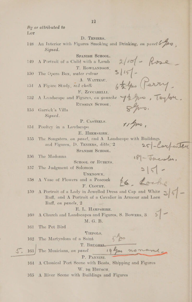 Ry or attributed to Lor D. TENIERS, 148 An Interior with Figures Smoking and Drinking, on panel gy xe , Signed. SPANISH SCHOOL. | 149 A Portrait ora Child with auanibe j [vo _ fe. : | 4 a ne T. RowLanpDson, ? , 150 The Opera Box, water colour U4 [- A. WartTzat, 7 ih idl A Figure Study, red chalk ben. \ mae a E CGOM@CARELEL. ae ne a l 1052 A Landscape and Figures, en gouache ] 3 pyro , Ma fOr . / Russian SCHOOT.. (eae aerick 2 Valls A a Signed. P. CASTEELS. San ite a ; 7/ FRR , 154 Poultry in a Landscape Hi. HEEMSKIRK. 155 The Songsters, on panel, and A Landscape with Buildings and Figures, D. Trenrers, ditto> 2 25 |~Curf oA VW | SPANISH SCHOOL. 156 The Madonna P|—~ Ju f ScHOOL or RUBENS., 157 The Judgment of Solomon = | = UNKNowN. } 158 <A Vase of Flowers and a Peacock 2 e Pa L , FE. CLOUET. Pa  159 A Portrait of a Lady in Jewelled Dress and Cap and White 2, | | 2 Ruff, and A Portrait of a Cavalier in Armour and Lace f Ruff, on panels, 2 / E. L. Hampsyire.    A 160 A Church and Landscapes and Figures, 8. Bowgrs, 3 > | ~ MEGS Hes 161 The Pet ‘Bird 'TEPOLO, 2 162 The Martyrdom of a Saint ae Ai T. BRU GHEE ceencemerrmmnrnnnnnnt 163] The Musicians, on panel 1g yn NO Veto P. Pannint. 164 <A Classical Port Scene with ‘Boats, Shipping and Figures W. pve HeEuscH, 165 <A River Scene with Buildings and Figures
