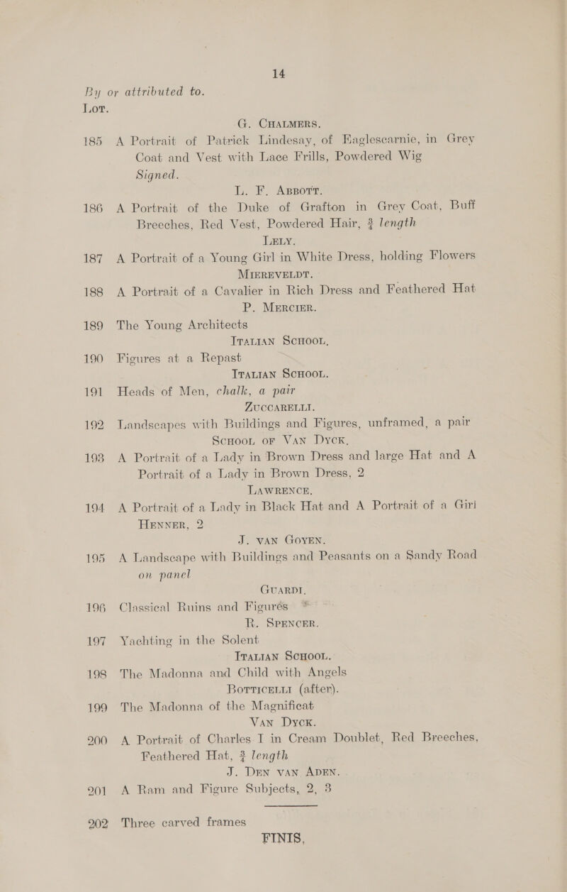 [.or. 185 186 194 201 202 G. CHALMERS. A Portrait of Patrick Lindesay, of Eaglescarnie, in Grey Coat and Vest with Lace Frills, Powdered Wig Signed. ji. FE. Asporr A Portrait of the Duke of Grafton in Grey Coat, Buff Breeches, Red Vest, Powdered Hair, # length LELY. A Portrait of a Young Girl in White Dress, holding Flowers MIEREVELDT. A Portrait of a Cavalier in Rich Dress and Feathered Hat P. MERCIER. The Young Architects Traian ScHoon, Fieures at a Repast ITALIAN SCHOOL. Heads of Men, chalk, a pair ZUCCARELLI. Landseapes with Buildings and Figures, unframed, a pair ScHooL or Van Dyck, A Portrait of a Lady in Brown Dress and large Hat and A Portrait of a Lady in Brown Dress, 2 LAWRENCE, A Portrait of a Lady in Black Hat and A Portrait of a Girl HENNER, 2 J. VAN GOYEN. A Landscape with Buildings and Peasants on a Sandy Road on panel GUARDT. Classical Ruins and Figures R. SPENCER. Yachting in the Solent TTALIAN SCHOOL. The Madonna and Child with Angels BorricELui (after). The Madonna of the Magnificat Van Dyck. A Portrait of Charles I in Cream Doublet, Red Breeches, Feathered Hat, 3 length J. Den van ADEN. A Ram and Figure Subjects, 2, 3 Three carved frames FINIS,