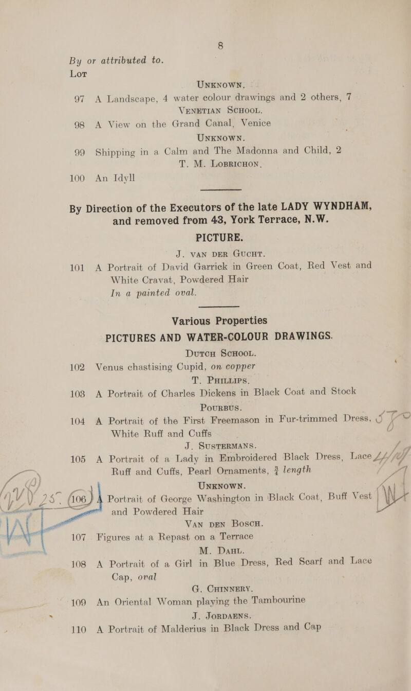Lor UNKNOWN. 97 A Landscape, 4 water colour drawings and 2 others, 7 VENETIAN SCHOOL. 98 <A View on the Grand Canal, Venice UNKNOWN. 99 Shipping in a Calm and The Madonna and Child, 2 T. M. Losricnoy, | 100 An Idyll By Direction of the Executors of the late LADY WYNDHAM, and removed from 43, York Terrace, N.W. PICTURE. J. VAN DER GUCHT. 101. A Portrait of David Garrick in Green Coat, Red Vest and White Cravat, Powdered Hair In a painted oval. Various Properties PICTURES AND WATER-COLOUR DRAWINGS. DutcH SCHOOL. 102 Venus chastising Cupid, on copper T. Pures. 103 A Portrait of Charles Dickens in Black Coat and Stock Poursvs. E: 104. A Portrait of the First Freemason in Fur-trimmed Dress, <4 e: v White Ruff and Cuffs J. SUSTERMANS. Je. 105 A Portrait of a Lady in Embroidered Black Dress, Lace L4/ (yf Ruff and Cuffs, Pearl Ornaments, ¢ length Po UNKNOWN. Aa ‘ Portrait of George Washington in Black Coat, Buff Vest | \N4 { and Powdered Hair L  i : - VAN DEN BoscH. W 107. Figures at a Repast on a Terrace : M. Daa. 108 A Portrait of a Girl in Blue Dress, Red Scarf and Lace Cap, oval G. CHINNERY. 109 An Oriental Woman playing the Tambourine i J. JORDAENS. 110 A Portrait of Malderius in Black Dress and Cap