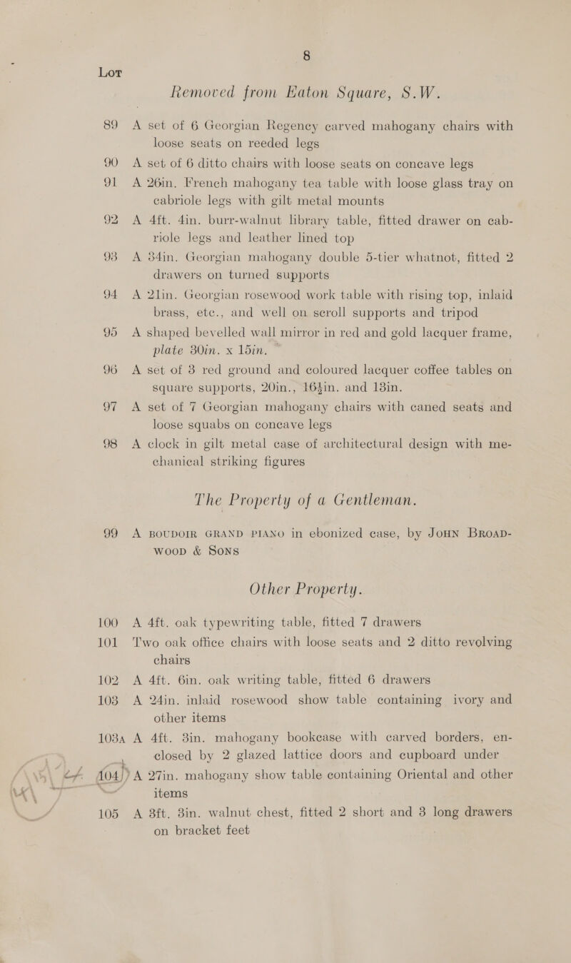 Lor Removed from Haton Square, S.W. 89 A set of 6 Georgian Regency carved mahogany chairs with loose seats on reeded legs 90 A set of 6 ditto chairs with loose seats on concave legs 91 A 26in. French mahogany tea table with loose glass tray on cabriole legs with gilt metal mounts 92 A 4ft. 4in. burr-walnut library table, fitted drawer on cab- riole Jegs and leather lined top 93 <A 84in. Georgian mahogany double 5-tier whatnot, fitted 2 drawers on turned supports 94 <A 2lin. Georgian rosewood work table with rising top, inlaid brass, etc., and well on scroll supports and tripod 95 <A shaped bevelled wall mirror in red and gold lacquer frame, plate 80in. x 15in. ~ 96 <A set of 8 red ground and coloured lacquer coffee tables on square supports, 20in., 164in. and 138in. 97 A set of 7 Georgian mahogany chairs with caned seats and loose squabs on concave legs 98 <A clock in gilt metal case of architectural design with me- chanical striking figures The Property of a Gentleman. 99 A BOUDOIR GRAND PIANO in ebonized case, by JoHN BRoap- woop &amp; Sons Other Property. 100 A 4ft. oak typewriting table, fitted 7 drawers 101 Two oak office chairs with loose seats and 2 ditto revolving chairs 102 A 4ft. 6in. oak writing table, fitted 6 drawers 103. A 24in. inlaid rosewood show table containing ivory and other items 108a A 4ft. 8in. mahogany bookcase with carved borders, en- 105 A 8ft. Bin. walnut chest, fitted 2 short and 3 long drawers