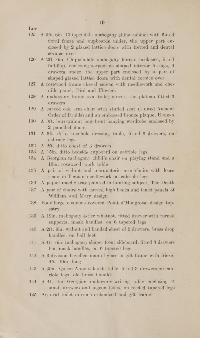 A 3ft. 6in. Chippendale mahogany china cabinet with fluted floral frieze and cupboards under, the upper part en- closed by 2 glazed lattice doors with fretted and dental cornice over A 2ft. 6in. Chippendale mahogany bureau bookcase, fitted fall-flap, enclosing serpentine shaped interior fittings, 4 drawers under, the upper part enclosed by a pair of shaped glazed lattice doors with dental cornice over A rosewood frame cheval screen with needlework and che- nille panel, Bird and Flowers A mahogany frame oval toilet mirror, the plateau fitted 3 drawers A carved oak arm chair with stuffed seat (United Ancient Order of Druids) and an embossed bronze plaque, RuBENS A 38ft. burr-walnut bow-front hanging wardrobe enclosed by 2 panelled doors A 8ft. ditto kneehole dressing table, fitted 8 drawers, on: cabriole legs 7 A 2ft. ditto chest of 8 drawers A 15in. ditto bedside cupboard on cabriole legs A Georgian mahogany child’s chair on playing stand and a 19in. rosewood work table A pair of walnut and marqueterie arm chairs with loose seats in Persian needlework on cabriole legs A papier-mache tray painted in hunting subject, The Death A pair of chairs with carved high backs and ianed panels of William and Mary design Four large cushions covered Point d’Hongroise design tap- estry A 19in. mahogany 4-tier whatnot, fitted drawer with turned supports, mask handles, on 6 tapered legs A 2ft. 9in. walnut and banded chest of 5 drawers, brass drop handles, on ball feet A 4ft. 6in. mahogany shaper front sideboard, fitted 3 drawers lion mask handles, on 6 tapered legs A 38-division bevelled mantel glass in gilt frame with frieze, Aft. 10in. long A 30in. Queen Anne oak side table, fitted 8 drawers on cab- ridle legs, old brass handles A 4ft. 4in. Georgian mahogany writing table enclosing 14 small drawers and pigeon holes, on reeded tapered legs An oval toilet mirror in ebonized and gilt frame