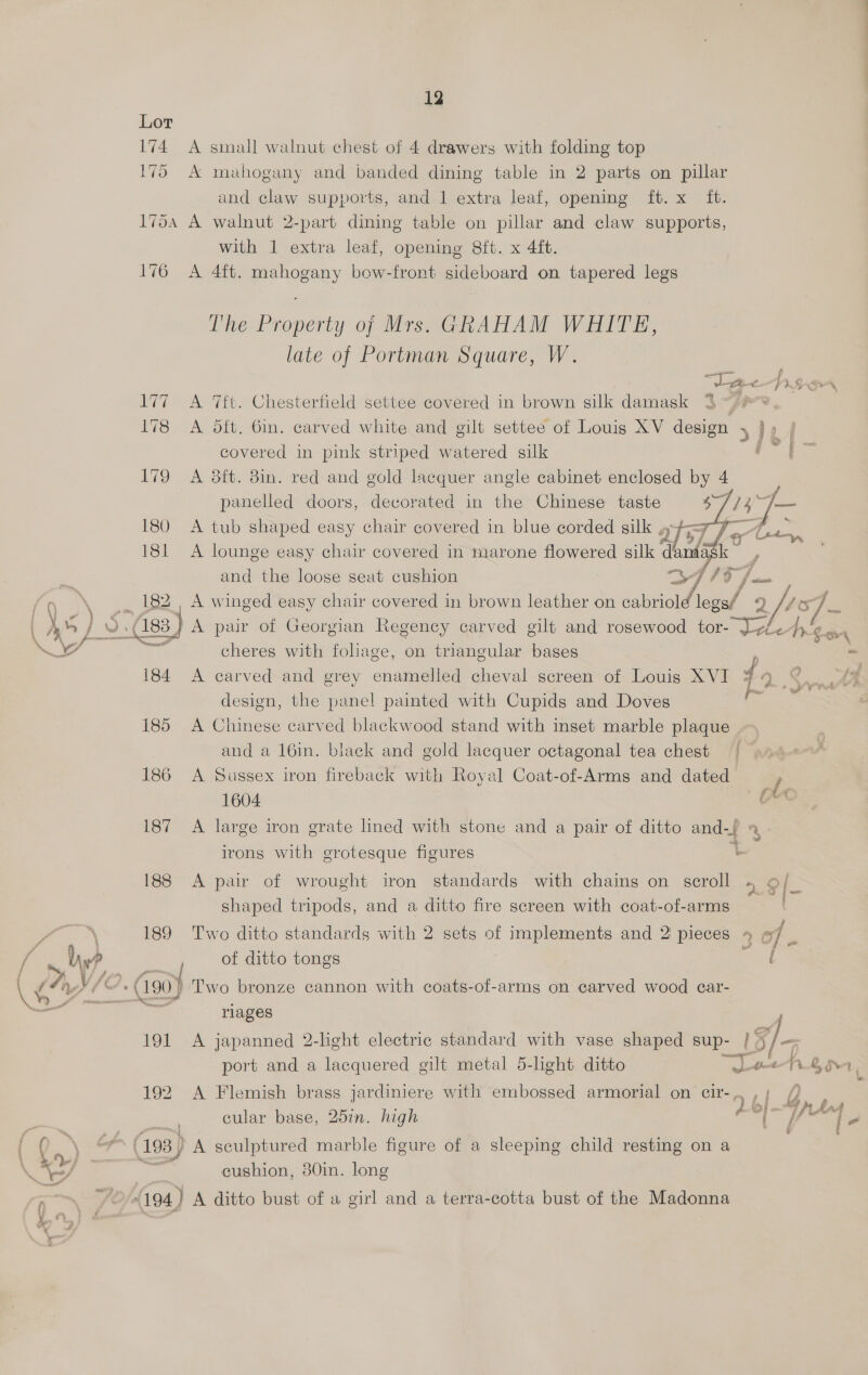 174 A small walnut chest of 4 drawers with folding top 175 A mahogany and banded dining table in 2 parts on pillar and claw supports, and 1 extra leaf, opening ft. x it. 1754 A walnut 2-part dining table on pillar and claw supports, with 1 extra leaf, opening 8ft. x 4ft. 176 A 4ft. mahogany bow-front sideboard on tapered legs The Property of Mrs. GRAHAM WHITE, late of Portman Square, W. 177 <A “7tt. Chesterfield settee covered in brown silk damask j 178 A ott. Gin. carved white and gilt settee of Louis XV design 4 } » covered in pink striped watered silk 179 A 38ft. 8in. red and gold lacquer angle cabinet enclosed by 4 panelled doors, decorated in the Chinese taste ye allie 180 A tub shaped easy chair covered in blue corded silk , a} ry, oe Ae 181 A lounge easy chair covered in marone flowered silk damask and the loose seat cushion a7 It /. ae 182 , A winged easy chair covered in brown leather on cabriold ae 2 f cheres with foliage, on triangular bases “ 184 A carved and grey enamelled cheval screen of Louis XVI 99 | design, the panel painted with Cupids and Doves 185 A Chinese carved blackwood stand with inset marble plaque and a l6in. black and gold lacquer octagonal tea chest 186 A Sussex iron fireback with Royal Coat-of-Arms and dated 1604 ok 187 A large iron grate lined with stone and a pair of ditto and-f f s irons with grotesque figures 188 A pair of wrought iron standards with chains on scroll > 9 shaped tripods, and a ditto fire screen with coat-of-arms 189 Two ditto standards with 2 sets of implements and 2 pieces » Of of ditto tongs ard - rlages 191 A japanned 2-light electric standard with vase shaped sup- 13) port and a lacquered gilt metal 5-light ditto tet FAL SN L; 192 A Flemish brass jardiniere with embossed armorial on Clr oi 2 Pe Dio Fh £4 . . ft Yet g« f Ki ore T cular base, 25in. high On fae cushion, 80in. long (194) A ditto bust of a girl and a terra-cotta bust of the Madonna