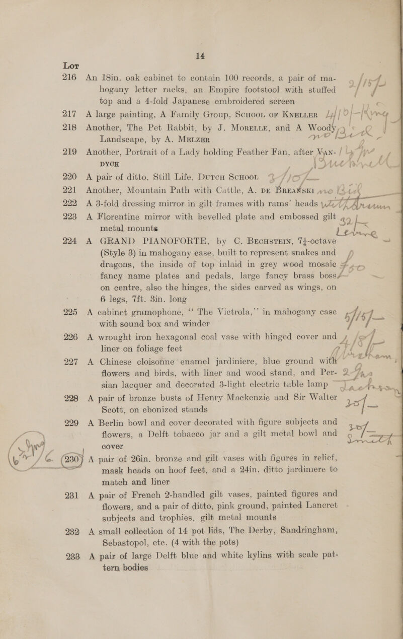 Lor 216 An 18in. oak cabinet to contain 100 records, a pair of ma- bcd | hogany letter racks, an Empire footstool with stuffed | ae a top and a 4-fold Japanese embroidered screen a 217 A large painting, A Family Group, Scuoon or Knenizr /}/ ? | —[Kvng 218 Another, The Pet Rabbit, by J. Morgue, and A Woody) , .. ie Landscape, by A. MreuzEr rye (Qa _ 219 Another, Portrait of a Lady holding Feather Fan, after Van- / Ls “Wyn = DYCK (Veta {ese eee 220 A pair of ditto, Still Life, DurcH ScHooL “4 he he 221 Another, Mountain Path with Cattle, A. pr Breawskr w10 | 223 A Florentine mirror with bevelled plate and embossed gilt 49 224 A GRAND PIANOFORTE, by C. Brcustein, 74-octave (Style 3) in mahogany ease, built to represent snakes and dragons, the inside of top inlaid in grey wood mosaic 4... fancy name plates and pedals, large fancy brass boss4~ on centre, also the hinges, the sides carved as wings, on 6 legs, 7ft. 3in. long 225 <A cabinet gramophone, ‘‘ The Victrola,’’ in mahogany case ,- 7 hy, liner on foliage feet Ad. ii 227 A Chinese cloisonne enamel jardiniere, blue ground with” ~ flowers and birds, with liner and wood stand, and Per- &amp; Fe 4 sian lacquer and decorated 3-light electric table lamp : 2928 <A pair of bronze busts of Henry Mackenzie and Sir Walter | Scott, on ebonized stands flowers, a Delft tobacco jar and a gilt metal bow! and cover | mask heads on hoof feet, and a 24in. ditto jardiniere to match and liner 231 <A pair of French 2-handled gilt vases, painted figures and flowers, and a pair of ditto, pink ground, painted Lancret subjects and trophies, gilt metal mounts 932. A small collection of 14 pot lids, The Derby, Sandringham, Sebastopol, etc. (4 with the pots) 933 A pair of large Delft blue and white kylins with scale pat- tern bodies  pore ail é ae ae