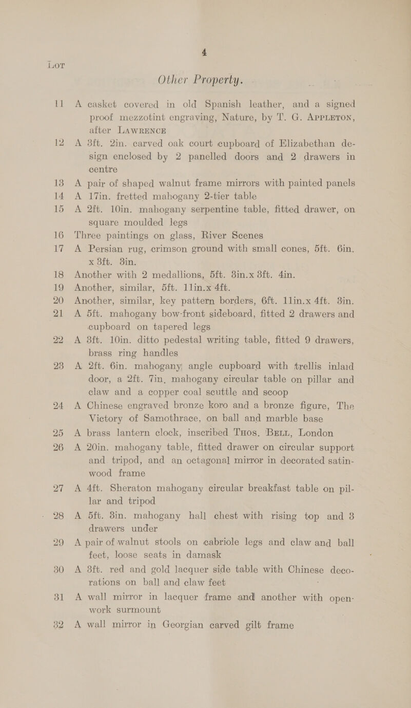 ji 12 o2 A A A Other Property. casket covered in old Spanish leather, and a signed proof mezzotint engraving, Nature, by T. G. APPLETON, after LAWRENCE 3ft. 2in. carved oak court cupboard of Elizabethan de- sign enclosed by 2 panelled doors and 2 drawers in centre pair of shaped walnut frame mirrors with painted panels 17in. fretted mahogany 2-tier table 2ft. 10in. mahogany serpentine table, fitted drawer, on square moulded legs A Persian rug, crimson ground with small cones, 5ft. 6in. x 8ft. 3in. A A A A A 5ft. mahogany bow-front sideboard, fitted 2 drawers and cupboard on tapered legs 8ft. 10in. ditto pedestal writing table, fitted 9 drawers, brass ring handles 2{t. 6in. mahogany; angle cupboard with frellis inlaid door, a 2ft. Tin, mahogany circular table on pillar and claw and a copper coal scuttle and scoop Chinese engraved bronze koro and a bronze figure, The Victory of Samothrace, on ball and marble base brass lantern clock, inscribed THos. Brit, London 20in. mahogany table, fitted drawer on circular support and. tripod, and an octagonal] mirror in decorated satin- wood frame 4ft. Sheraton mahogany circular breakfast table on pil- lar and tripod 5ft. din. mahogany hall chest with rismg top and 8 drawers under A A feet, loose seats in damask 8ft. red and gold lacquer side table with Chinese deco- rations on ball and claw feet wall mirror in lacquer frame and another with open- work surmount wall mirror in Georgian carved gilt frame