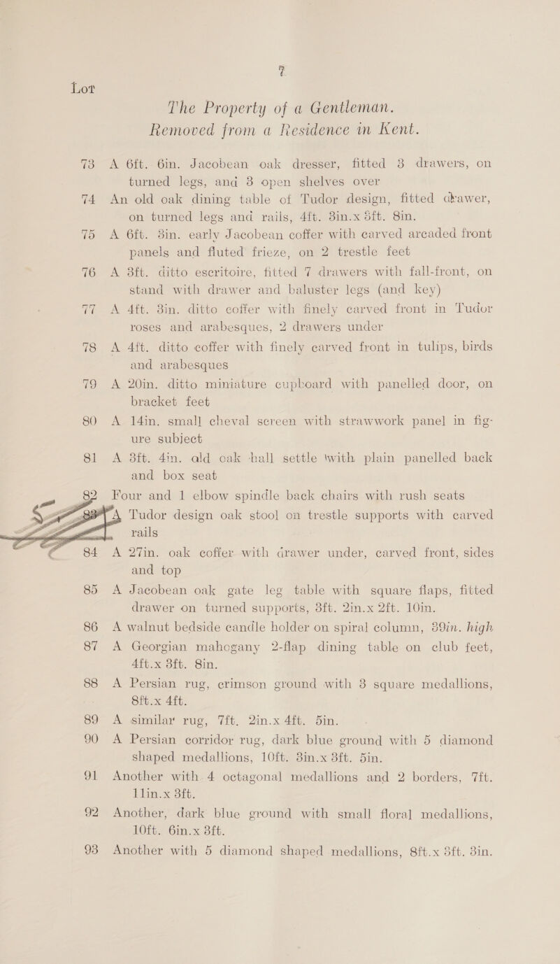 The Property of « Gentleman. Removed from a Residence im Kent. 73 &lt;A 6ft. 6in. Jacobean oak dresser, fitted 3 drawers, on turned legs, and 3 open shelves over 74 An old oak dining table of Tudor design, fitted cdkawer, on turned legs and rails, 4{t. 8in.x 5ft. 8in. A 6ft. 8in. early Jacobean coffer with carved arcaded front panels and fluted frieze, on 2 trestle feet Or 76 A 38ft. ditto escritoire, fitted 7 drawers with fall-front, on stand with drawer and baluster legs (and key) “J ~] A 4ft. 3in. ditto coffer with finely carved front in Tudor roses and arabesques, 2 drawers under 78 &lt;A 4ft. ditto coffer with finely carved front in tulips, birds and arabesques 79 A 20in. ditto mimature cupboard with panelled door, on bracket feet 80 &lt;A 14in. small cheval screen with strawwork panel in fig- ure subject 81 &lt;A 38ft. 4in. ald oak tall settle twith plain panelled back and box seat 82 Four and 1 elbow spindle back chairs with rush seats  Tudor design oak stool on trestle supports with carved al rails a 84 A 27in. oak coffer with drawer under, carved front, sides and top 85 A Jacobean oak gate leg table with square flaps, fitted drawer on turned supports, 3ft. 2in.x 2ft. 10in. 86 A walnut bedside candle holder on spiral column, 89in. high 87 A Georgian mahogany 2-flap dining table on club feet, 4ft.x 3ft. 8in. 88 &lt;A Persian rug, crimson ground with 8 square medallions, Sft.x 4ft. 89 2 simular rug, Vit. 2in.x 4m. Sin. 90 &lt;A Persian corridor rug, dark blue ground with 5 diamond shaped medallions, 10ft. 8in.x 8ft. 5in. 91 Another with 4 octagonal medallions and 2 borders, 7ft. Lim. x 846. 92 Another, dark blue ground with small floral medallions, 10ft. 6in.x Bit.