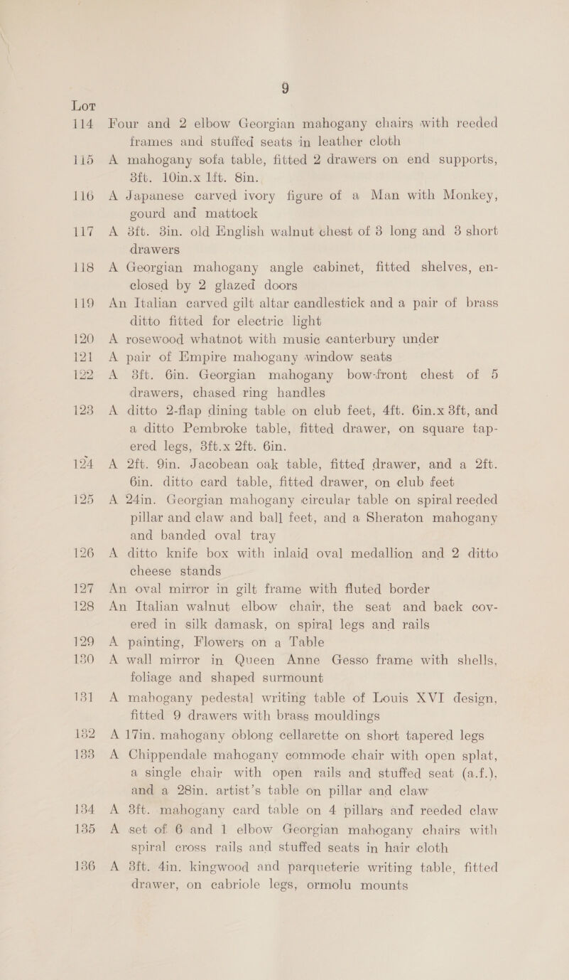 Four and 2 elbow Georgian mahogany chairs with reeded frames and stuffed seats in leather cloth A mahogany sofa table, fitted 2 drawers on end supports, oih. LOI x iit. Sin: A Japanese carved ivory figure of a Man with Monkey, gourd and mattock A 8ft. 8in. old English walnut chest of 8 long and 3 short drawers A Georgian mahogany angle cabinet, fitted shelves, en- closed by 2 glazed doors An Italian carved gilt altar candlestick and a pair of brass ditto fitted for electric light A rosewood whatnot with music canterbury under A pair of Empire mahogany window seats A 8ft. 6in. Georgian mahogany bow-front chest of 5 drawers, chased ring handles A ditto 2-flap dining table on club feet, 4ft. 6in.x 3ft, and a ditto Pembroke table, fitted drawer, on square tap- ered legs, 3ft.x 2ft. 6in. A 2ft. 9in. Jacobean oak table, fitted drawer, and a 2ft. 6in. ditto card table, fitted drawer, on club feet A 24in. Georgian mahogany circular table on spiral reeded pillar and claw and ball feet, and a Sheraton mahogany and banded oval tray A ditto knife box with inlaid oval medallion and 2 ditto cheese stands An oval mirror in gilt frame with fluted border An Italian walnut elbow chair, the seat and back cov- ered in silk damask, on spiral legs and rails A painting, Flowerg on a Table A wall mirror in Queen Anne Gesso frame with shells, fohage and shaped surmount A mahogany pedestal writing table of Louis XVI design, fitted 9 drawers with brass mouldings A 17in. mahogany oblong cellarette on short tapered legs A Chippendale mahogany commode chair with open splat, a single chair with open rails and stuffed seat (a.f.), and a 28in. artist’s table on pillar and claw A 8ft. mahogany card table on 4 pillarg and reeded claw A set of 6 and 1 elbow Georgian mahogany chairs with spiral cross rails and stuffed seats in hair cloth A 38ft. 4in. kingwood and parqueterie writing table, fitted drawer, on cabriole legs, ormolu mounts