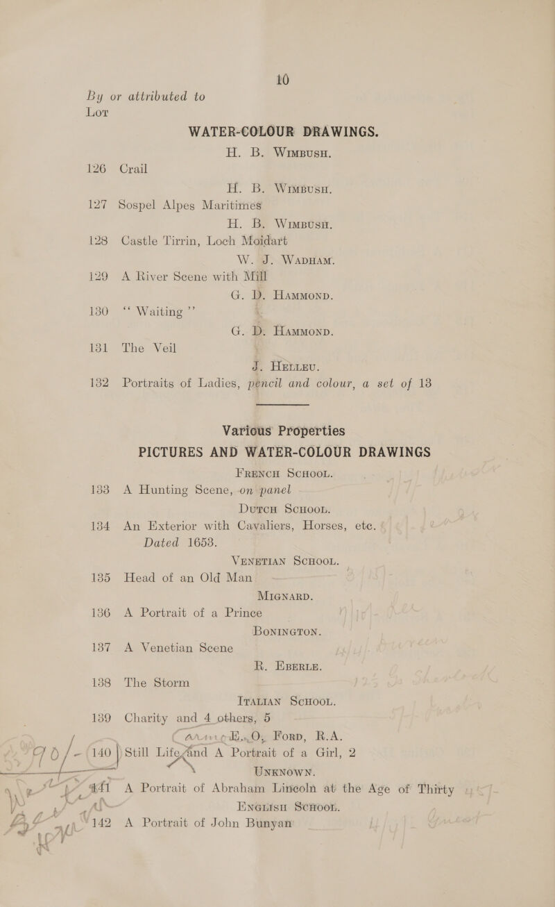 By or attributed to Lor WATER-COLOUR DRAWINGS. H. B. Wimpuss. 126 Crail H. B. Wrsuss. 127 Sospel Alpes Maritimes H. B. Wimsuss. 128 Castle Tirrin, Loch Moidart W. J. WapDHAM. 129 A River Scene with Mill G. D. Hammonp. 150 Waiting’ G. D. Hammonp. 131 The Veil ‘ J. Heiev. 132 Portraits of Ladies, pencil and colour, a set of 18 Various Properties PICTURES AND WATER-COLOUR DRAWINGS FRENCH SCHOOL. 138 A Hunting Scene, -on panel DurcH ScHooL. 184 .An Exterior with Cavaliers, Horses, ete. Dated 1653: VENETIAN SCHOOL. 135 Head of an Old Man MIGNARD. 136° -A Portrait of a -Pringe . ‘BONINGTON. 1387 A Venetian Scene R. EBERLez. 188 The Storm ITALIAN SCHOOL. 139 Charity and 4 others, 5 ol..O, Forp, R.A. 140 |) Still Lit Sa A Porteait orma Girl, UNKNOWN. Enentsn ScHootn. | “y49 A Portrait of John Bunyar
